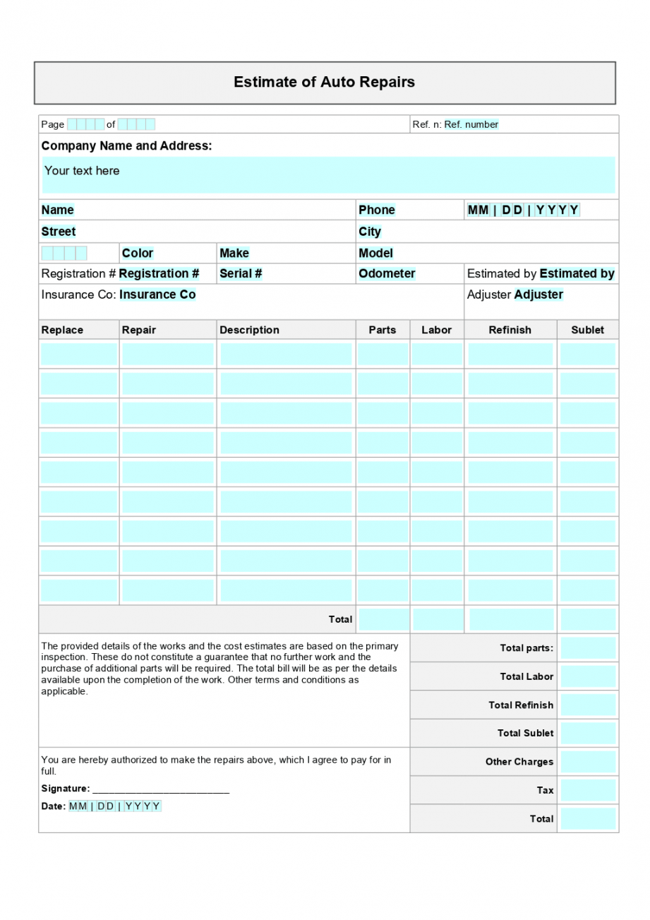 Auto repair estimate template - FREE Printables - Printable Free Auto Body Repair Estimate Template Forms