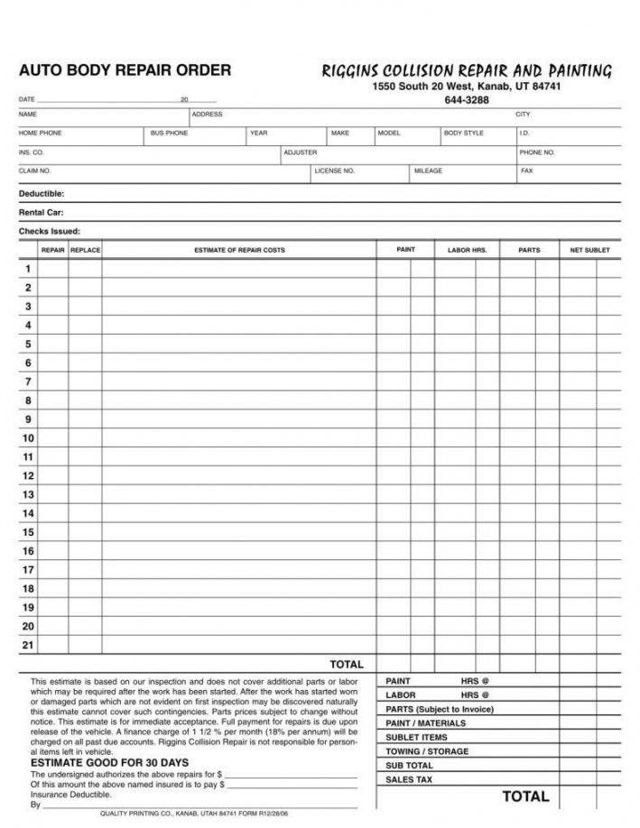 + Auto Repair Estimate Templates - FREE Printables - Printable Free Auto Body Repair Estimate Template Forms