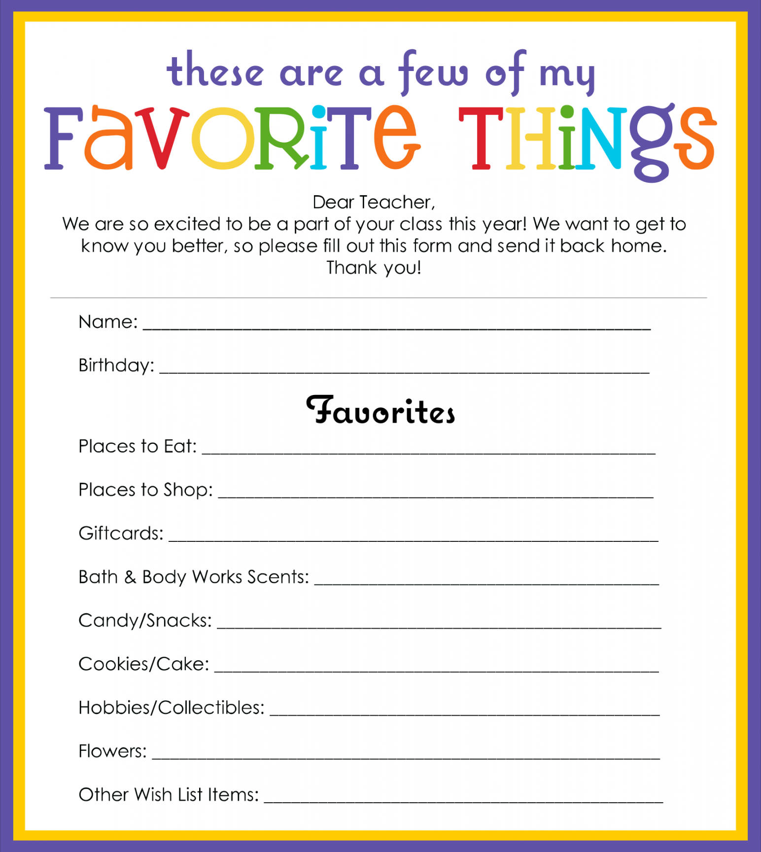 Best My Favorite Things Template Printable - printablee - Free Printable Employee Favorite Things List