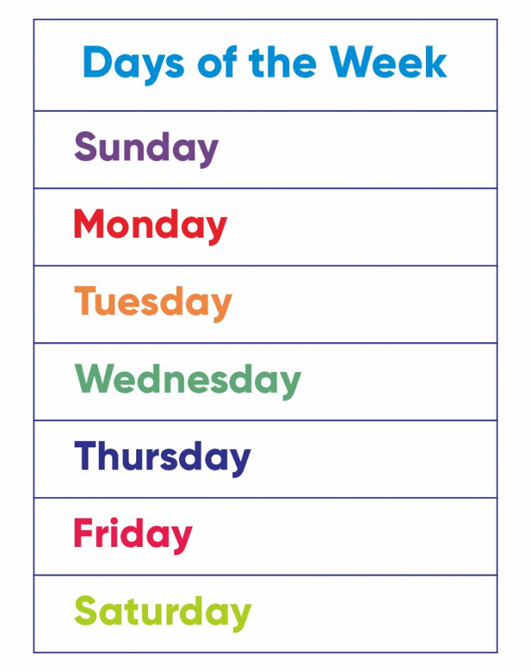 Best Printable Days Of The Week Chart - printablee - Free Printable Days Of The Week