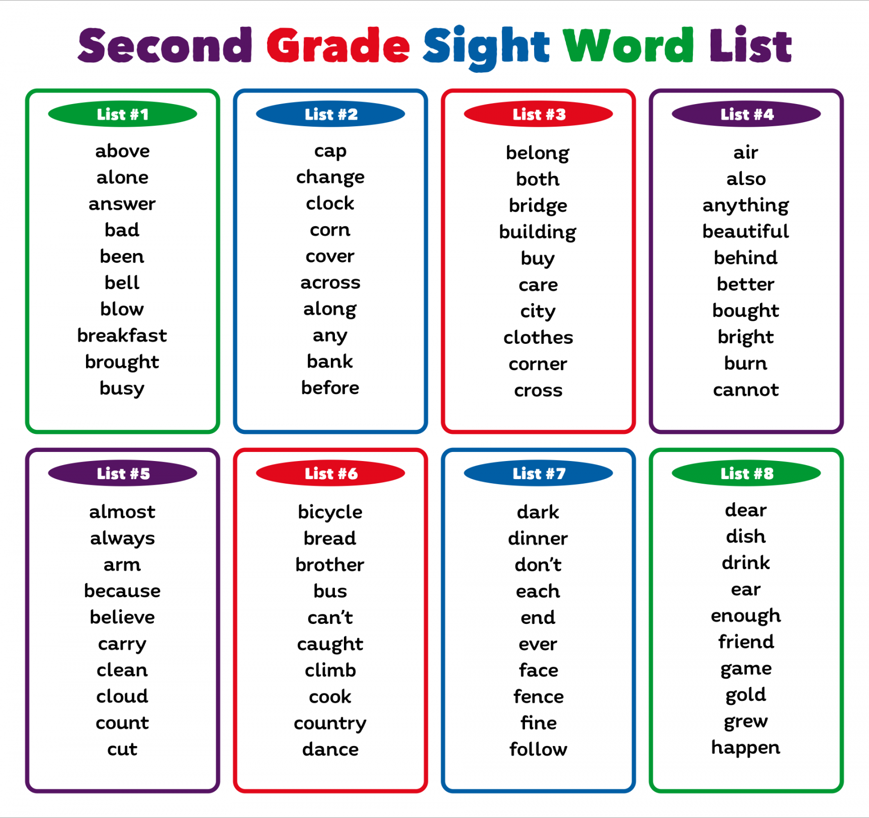 Best Second Grade Sight Words List Printable - printablee - Free Printable 2nd Grade Sight Words