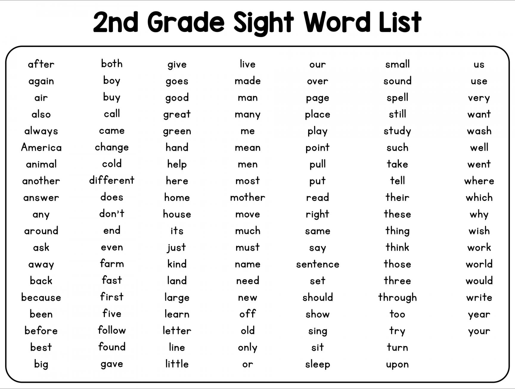 Best Second Grade Sight Words Printable - printablee - Free Printable 2nd Grade Sight Words