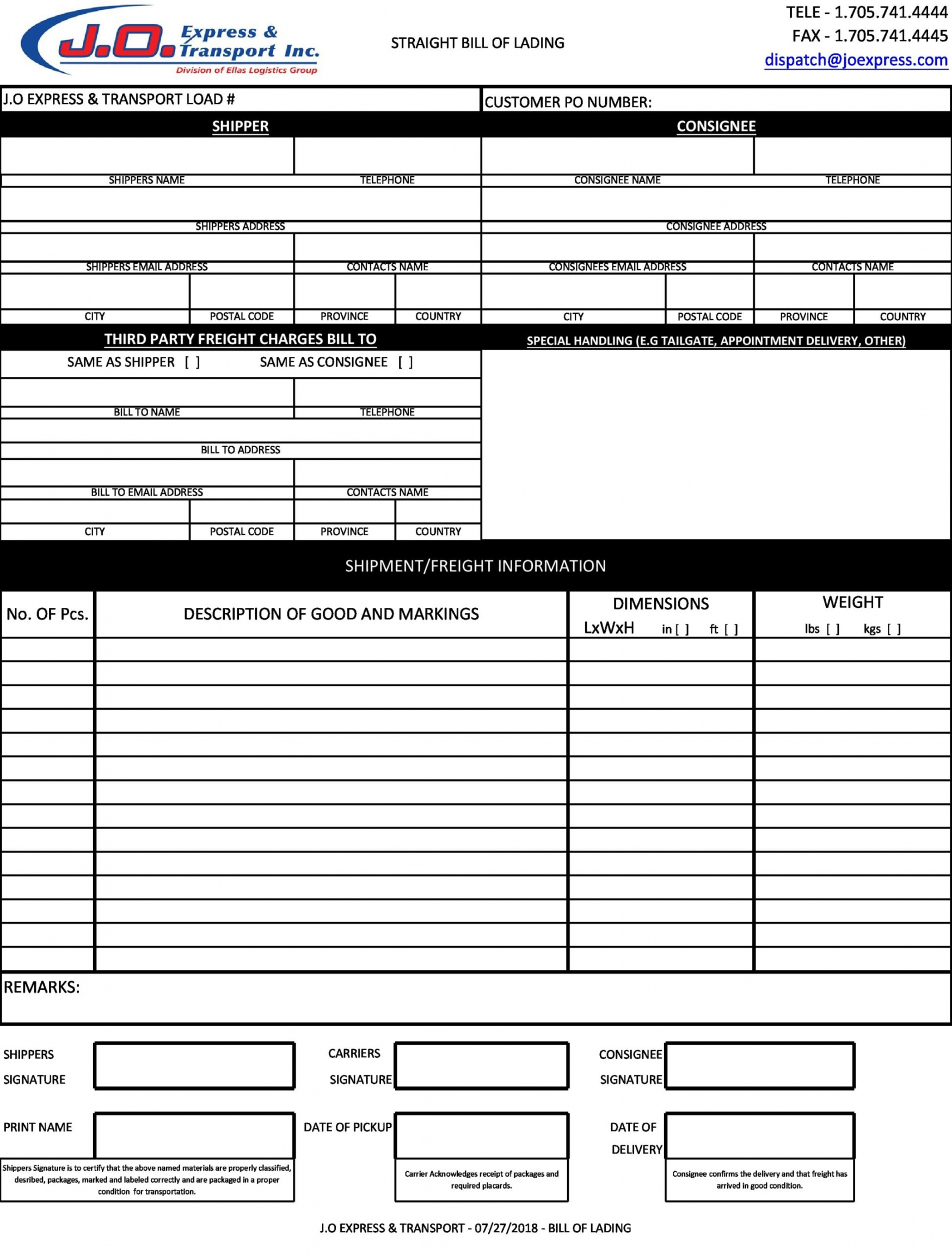 Blank Bill Of Lading Templates (% FREE) - TemplateArchive - FREE Printables - Free Printable Bill Of Lading