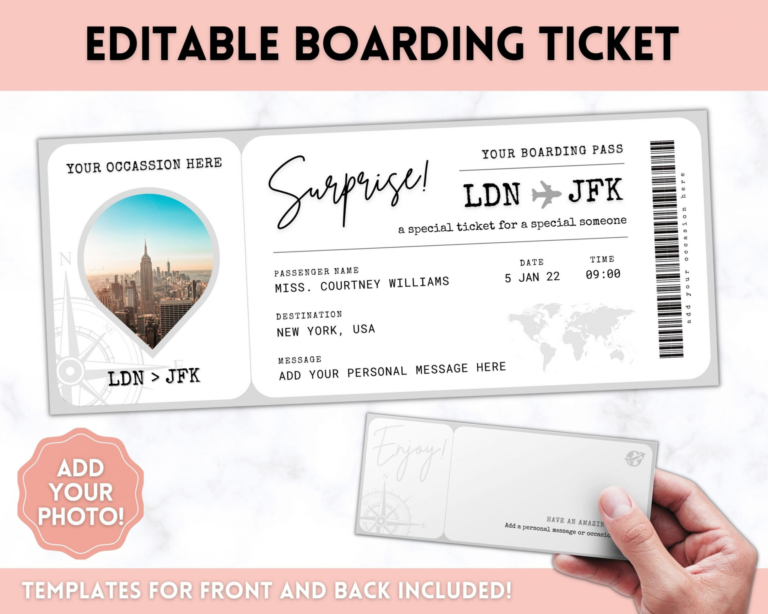 Boarding Pass Template  EDITABLE Surprise Gift Boarding Ticket, Fake Plane  Ticket - FREE Printables - Printable Free Editable Airline Ticket Template