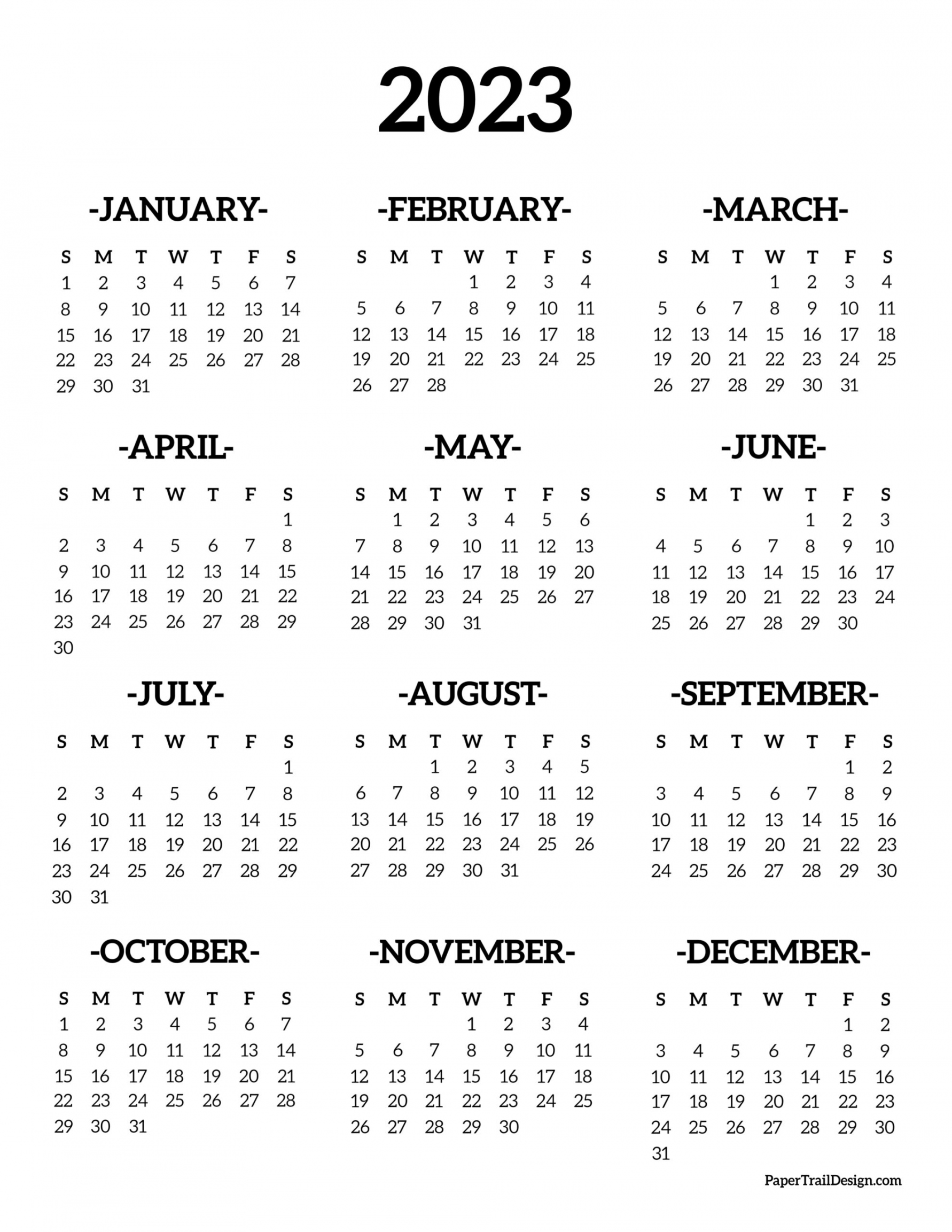 Calendar  Printable One Page - Paper Trail Design - FREE Printables - Year At A Glance Calendar 2023 Free Printable