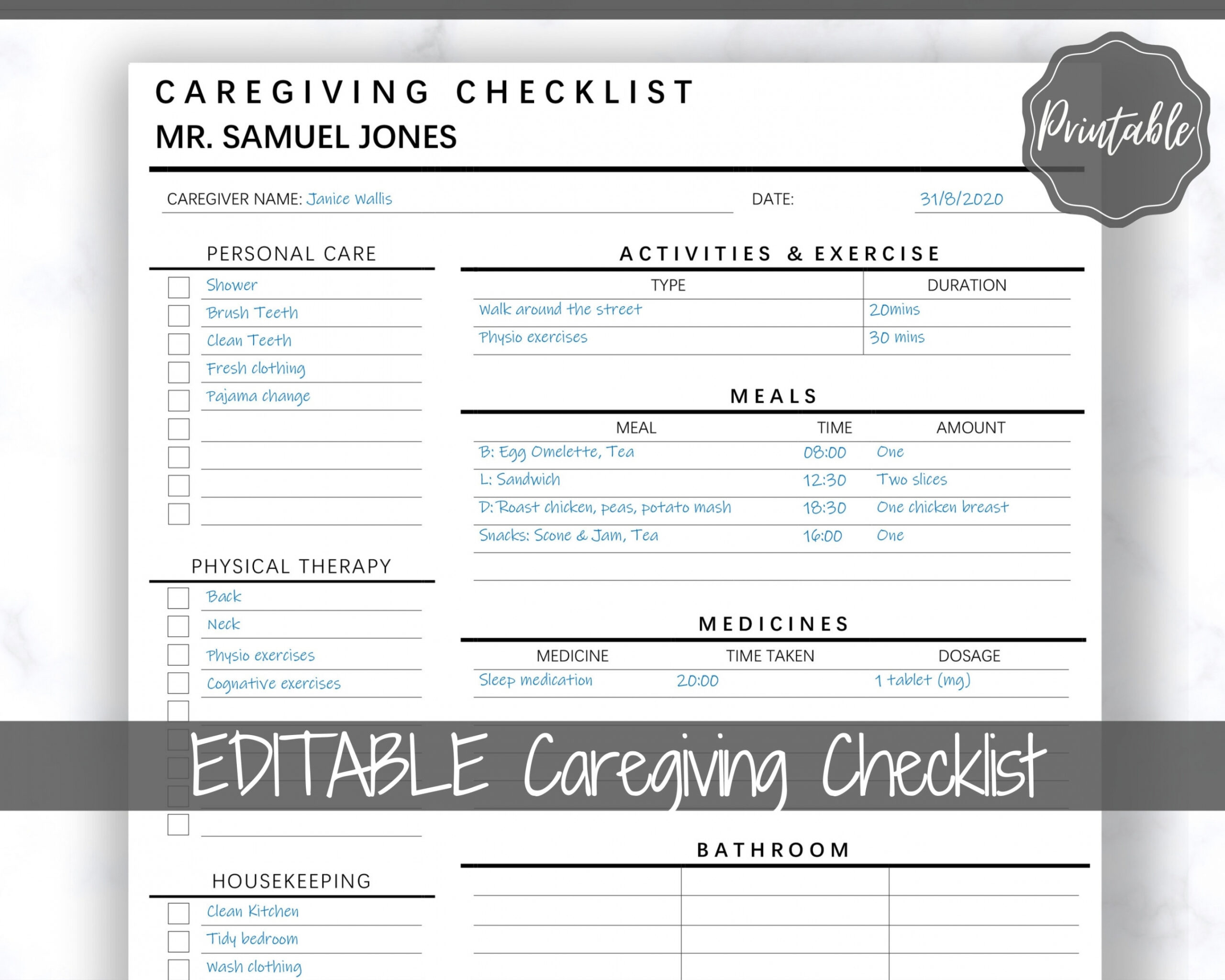 Caregiving Elderly Care Checklist - Free Printable Caregiver Daily Checklist Template