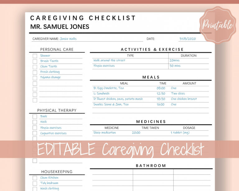 free printable caregiver daily - Caregiving Elderly Care Checklist Editable Printable Is Ideal Free Printables 0 768x614 