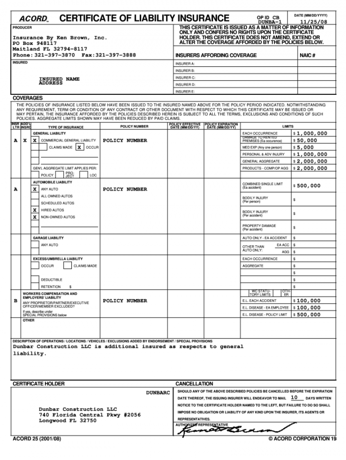 Certificate of liability insurance form: Fill out & sign online  - FREE Printables - Free Printable Blank Certificate Of Insurance Form