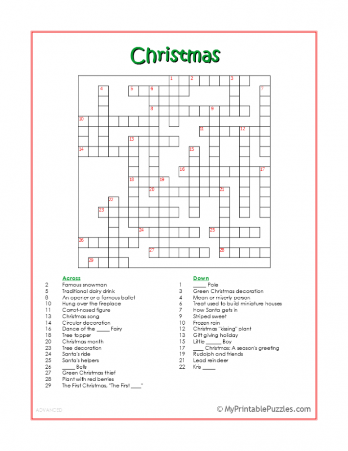 Christmas Crossword Puzzle - Advanced  My Printable Puzzles - FREE Printables - Free Printable Christmas Crossword Puzzle