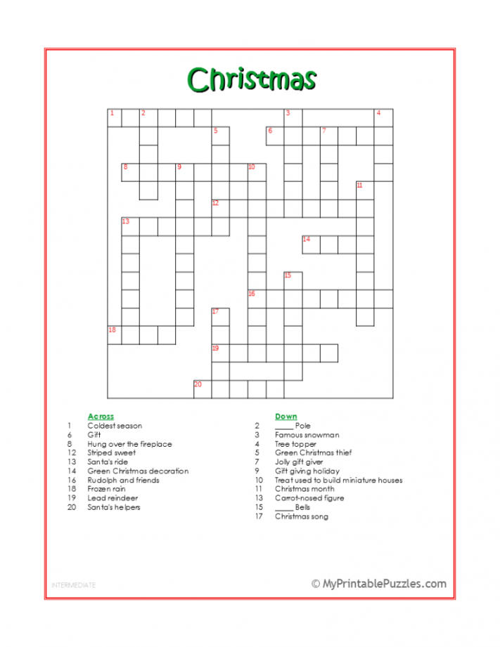 Christmas Crossword Puzzle - Intermediate  My Printable Puzzles - FREE Printables - Free Printable Christmas Crossword Puzzle