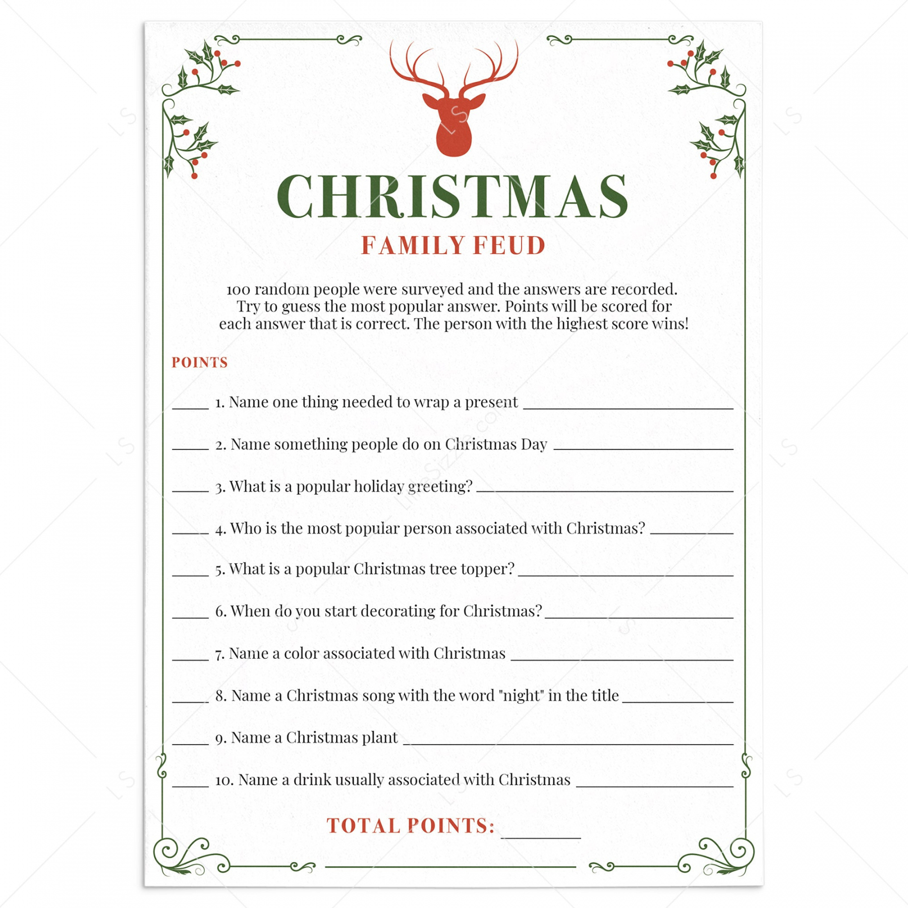 Christmas Family Feud Game Questions and Answers Printable - FREE Printables - Free Printable Christmas Family Feud Questions And Answers