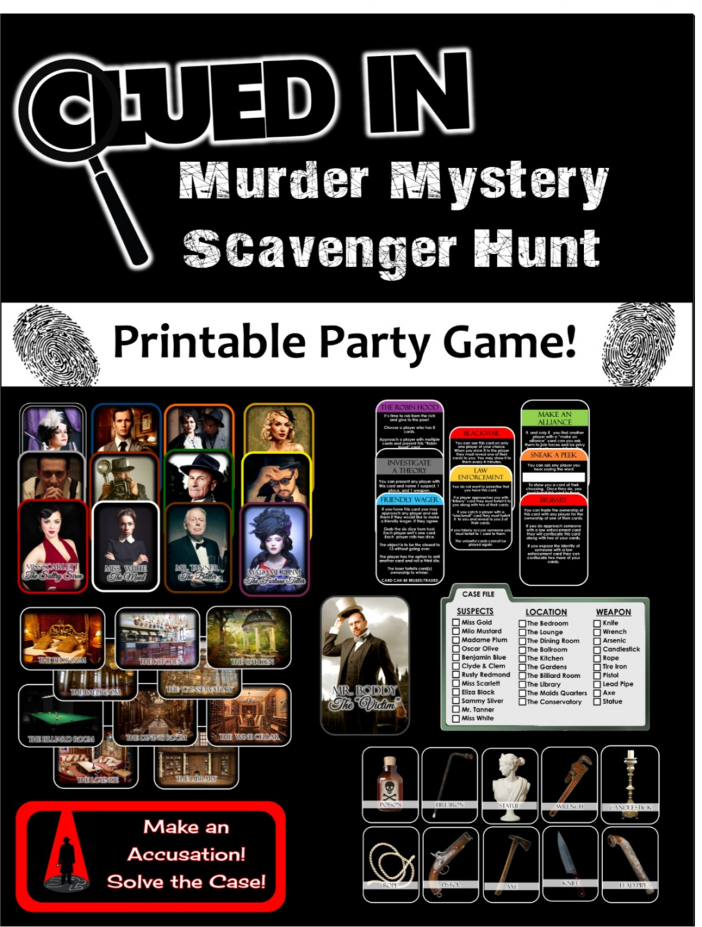 Clued-In Murder Mystery Scavenger Hunt - Printable Party Game  - FREE Printables - Free Printable Mystery Games