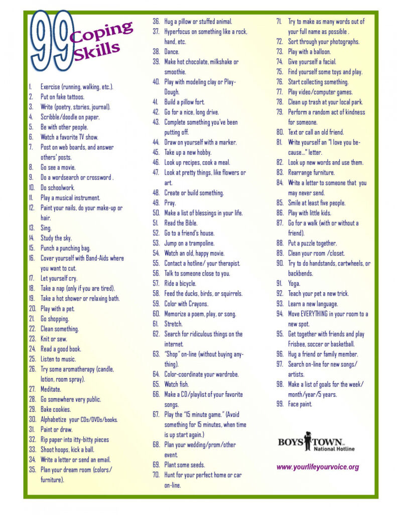 free printable coping skills lists for adults FREE Printable HQ
