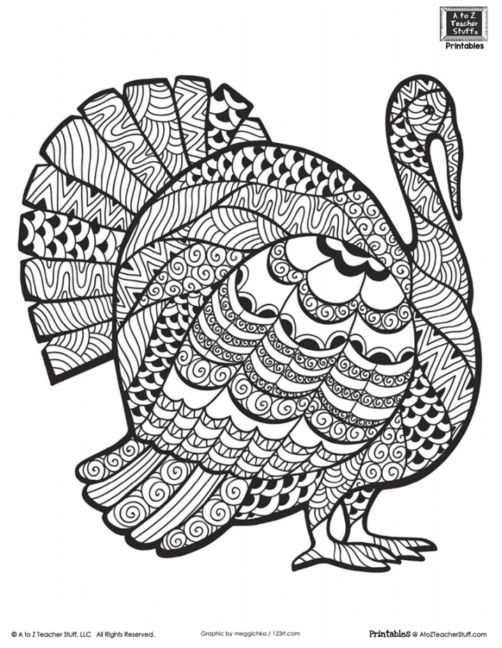Detailed Turkey Advanced Coloring Page  A to Z Teacher Stuff  - FREE Printables - Free Printable Turkey Coloring Pages