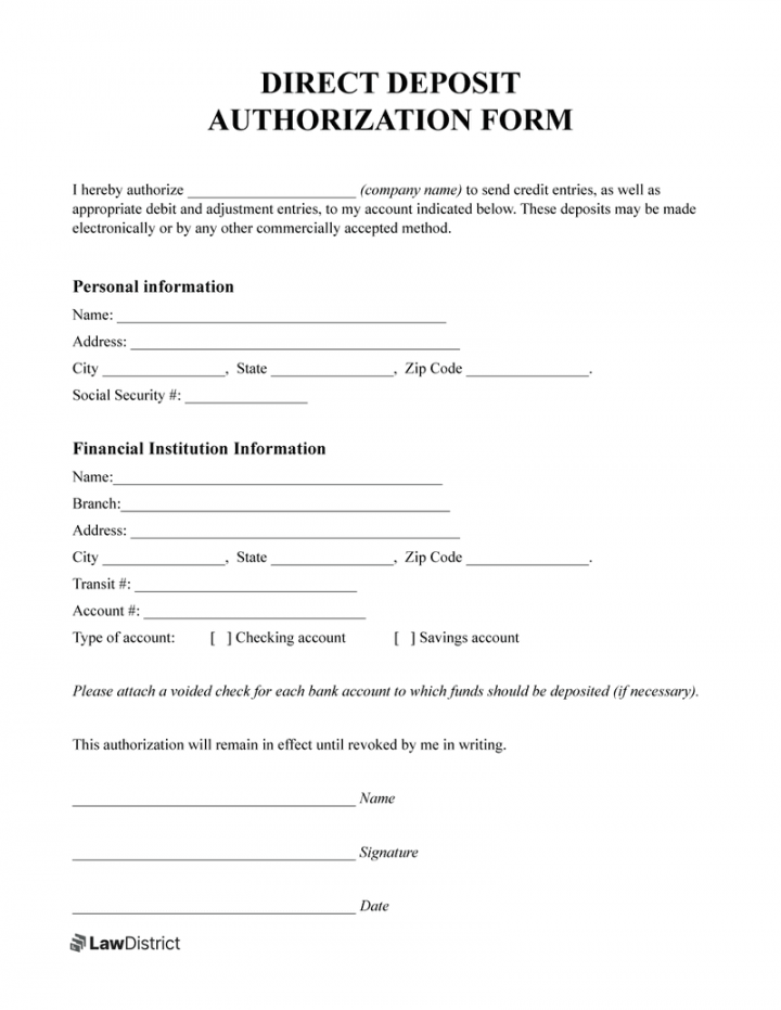 Direct Deposit Authorization Form  Free PDF  LawDistrict - FREE Printables - Free Printable Direct Deposit Form
