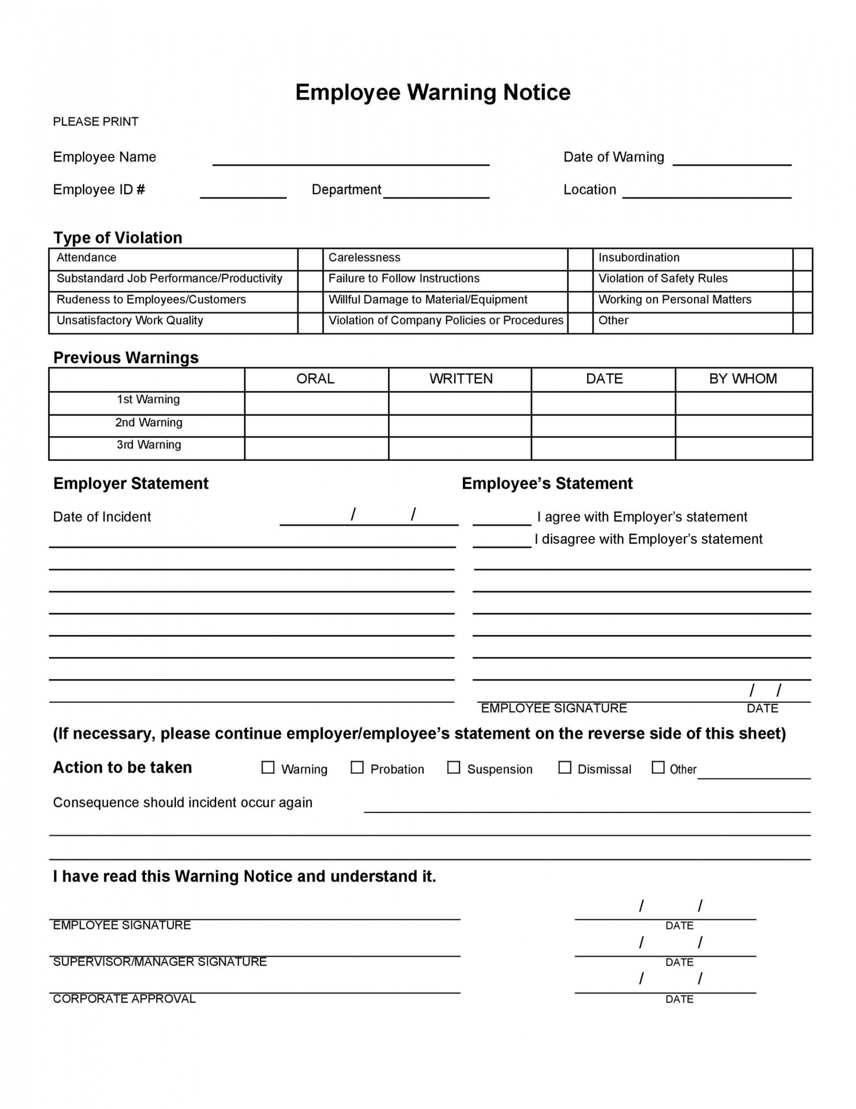 Employee Warning Notice - Download  Free Templates & Forms - FREE Printables - Printable Employee Written Warning Template Free