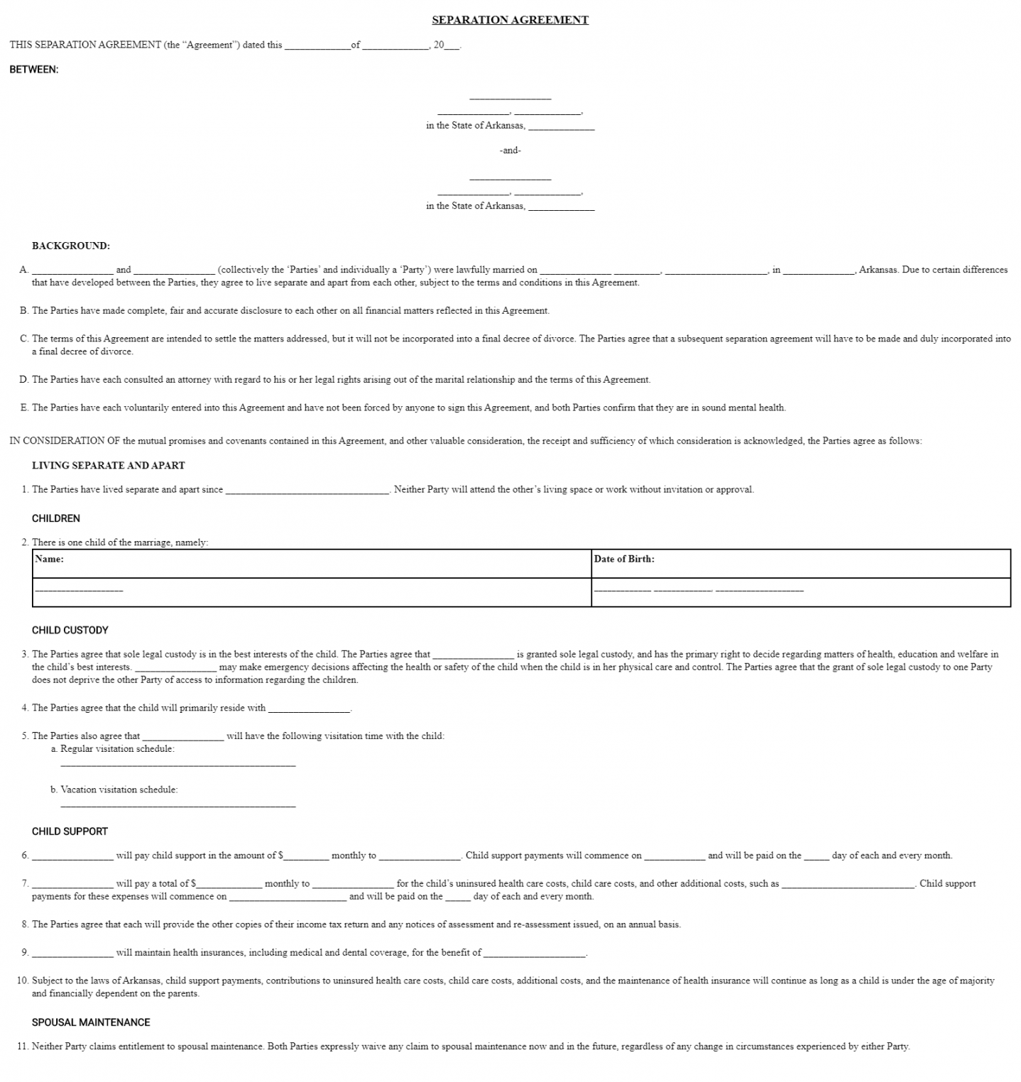 Free Arkansas Marital Separation Agreement  AR Legal Separation - FREE Printables - Free Printable Arkansas Divorce Forms