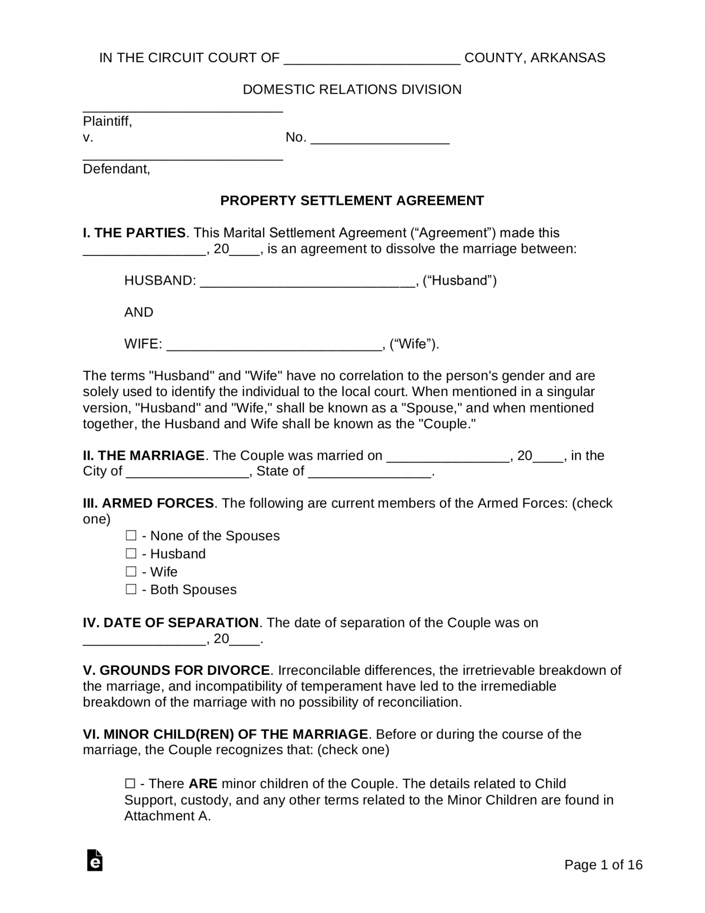 Free Arkansas Marital Settlement (Divorce) Agreement - PDF  Word  - FREE Printables - Free Printable Arkansas Divorce Forms