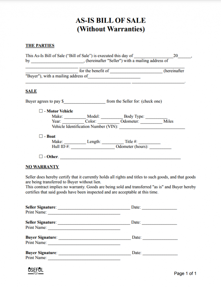 Free As Is (No Warranty) Bill of Sale Form Template - FREE Printables - Free Printable As Is No Warranty Form