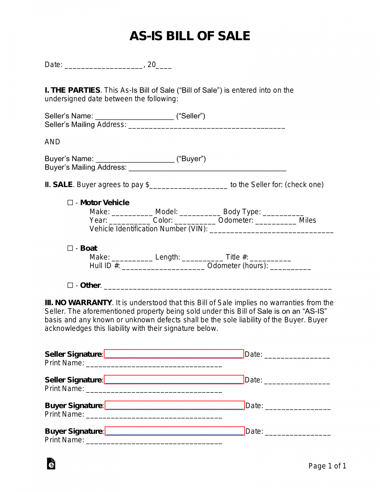 Free As-Is (No Warranty) Bill of Sale Template - PDF  Word – eForms - FREE Printables - Free Printable As Is No Warranty Form