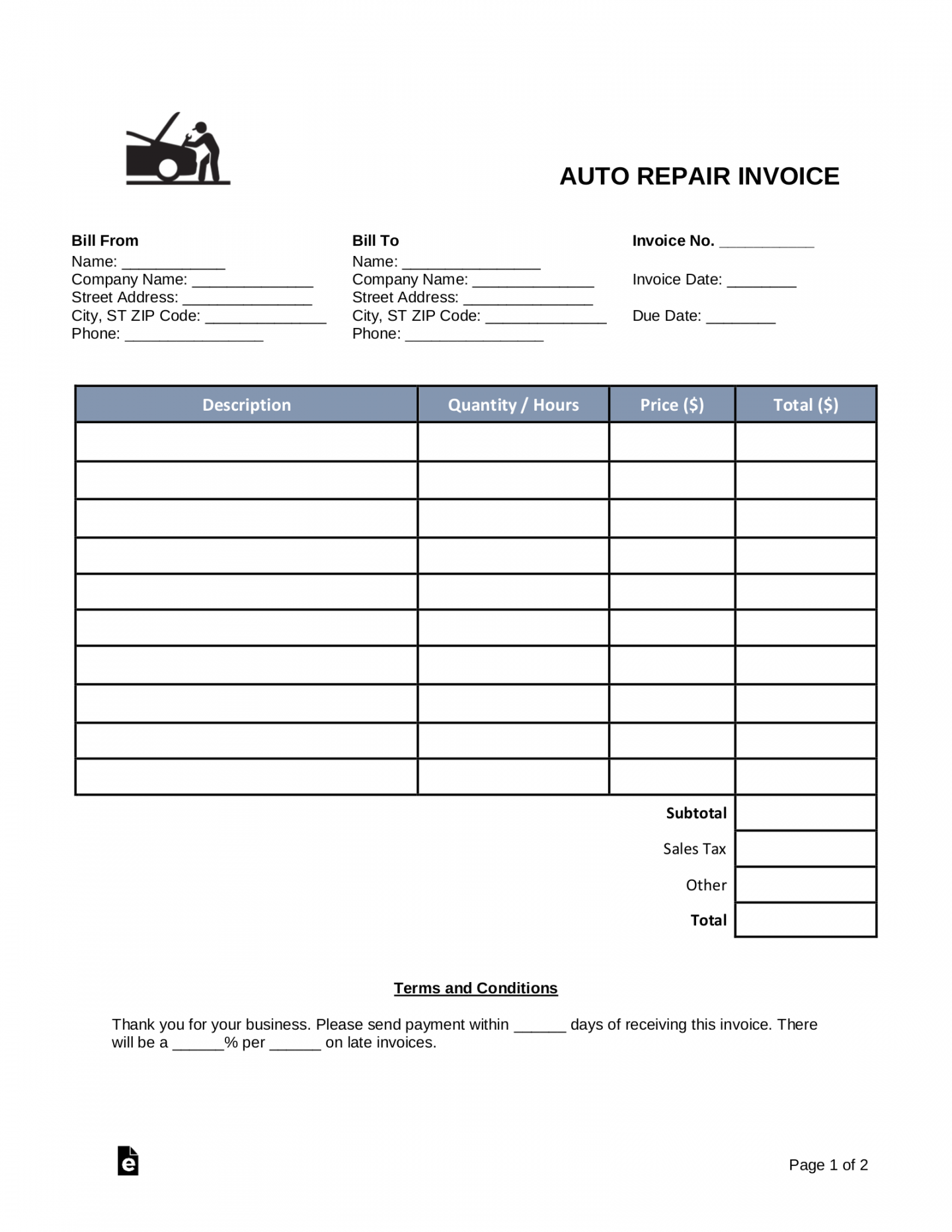 Free Auto Body (Mechanic) Invoice Template - PDF  Word – eForms - FREE Printables - Free Printable Auto Repair Invoice Template