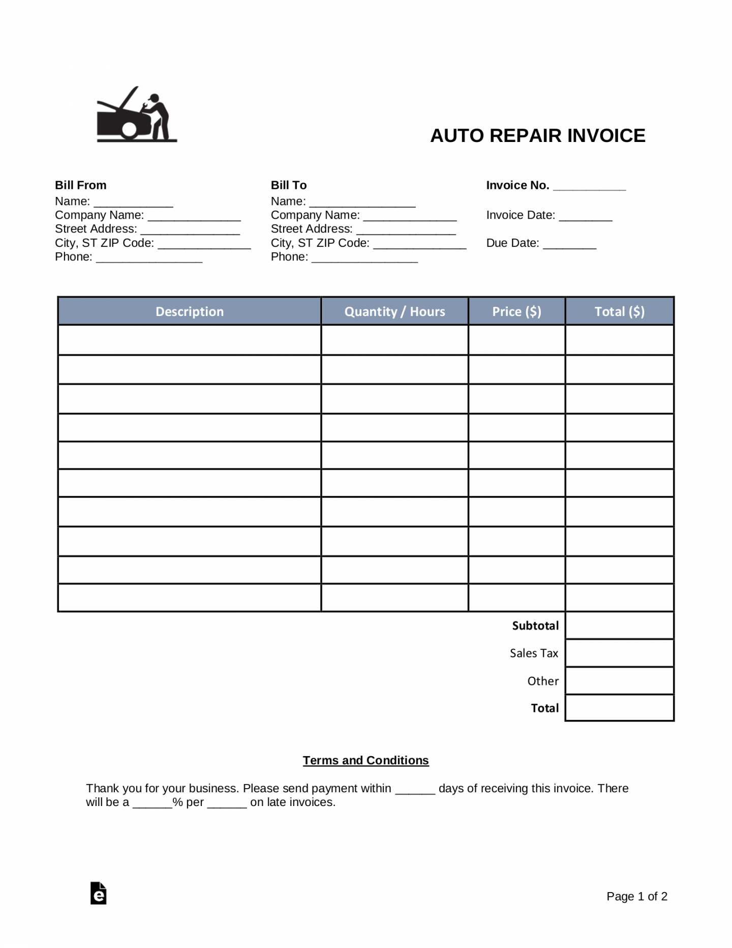 Free Auto Body (Mechanic) Invoice Template - PDF  Word – eForms - FREE Printables - Printable Free Auto Body Repair Estimate Template Forms