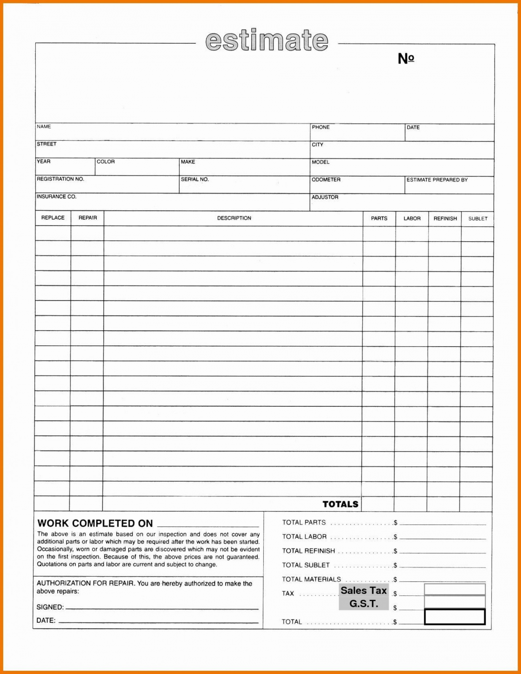 Free Auto Body Repair Estimate Template Forms - FREE Printables - Printable Free Auto Body Repair Estimate Template Forms