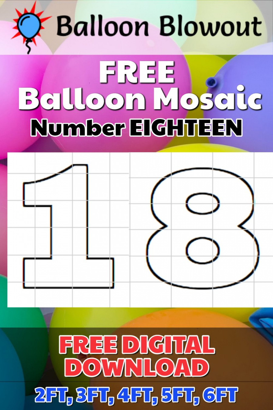 FREE Balloon Mosaic Number EIGHTEEN Template Frame Kit PDF Large  - FREE Printables - Printable Mosaic Number Template Free