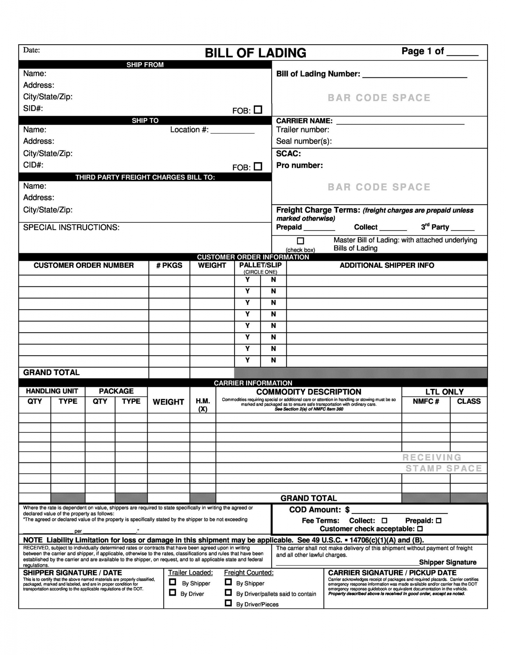 Free Bill of Lading Forms & Templates ᐅ TemplateLab - FREE Printables - Free Printable Bill Of Lading
