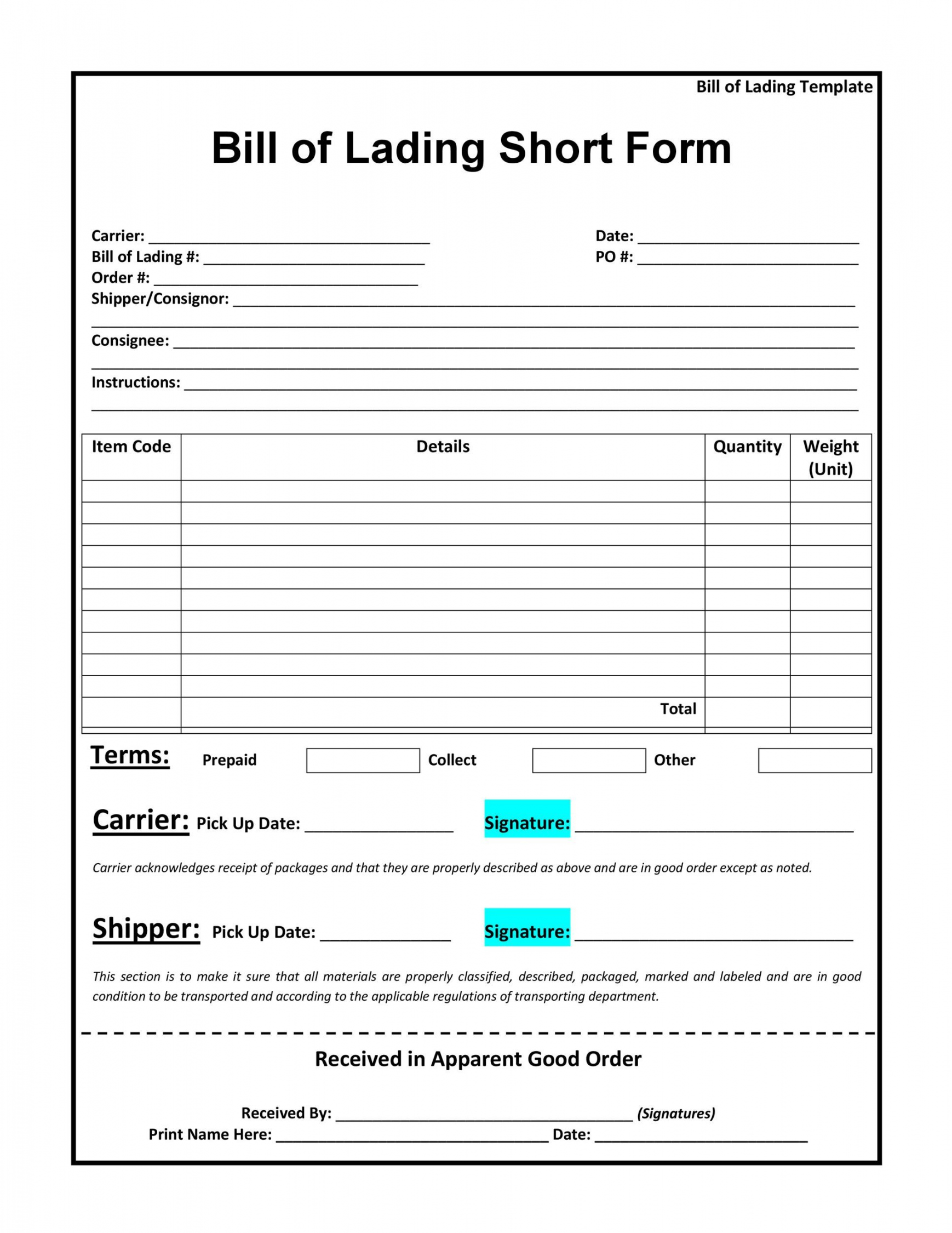 Free Bill of Lading Forms & Templates ᐅ TemplateLab - FREE Printables - Free Printable Bill Of Lading