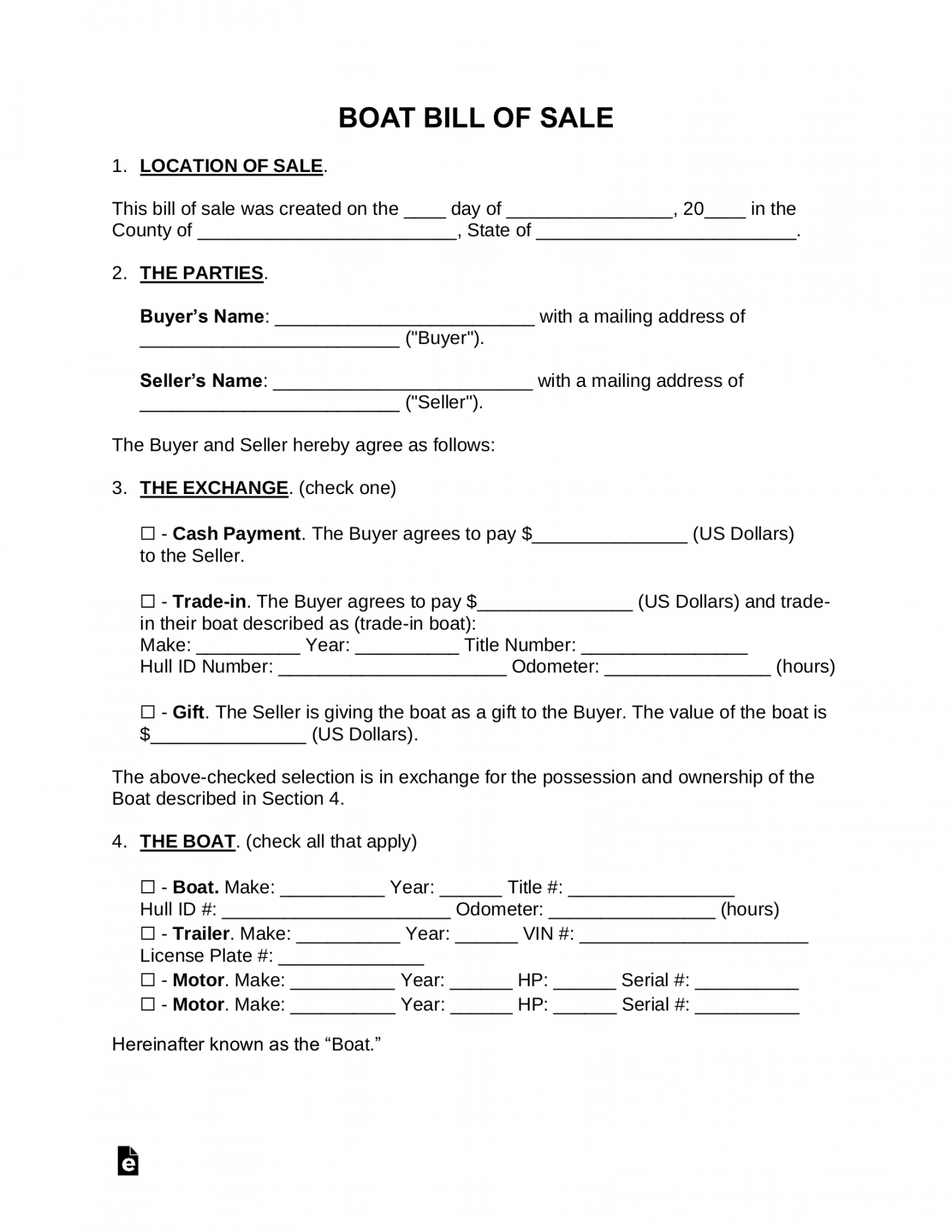 Free Boat Bill of Sale Form - PDF  Word – eForms - FREE Printables - Free Printable Bill Of Sale For Boat And Trailer
