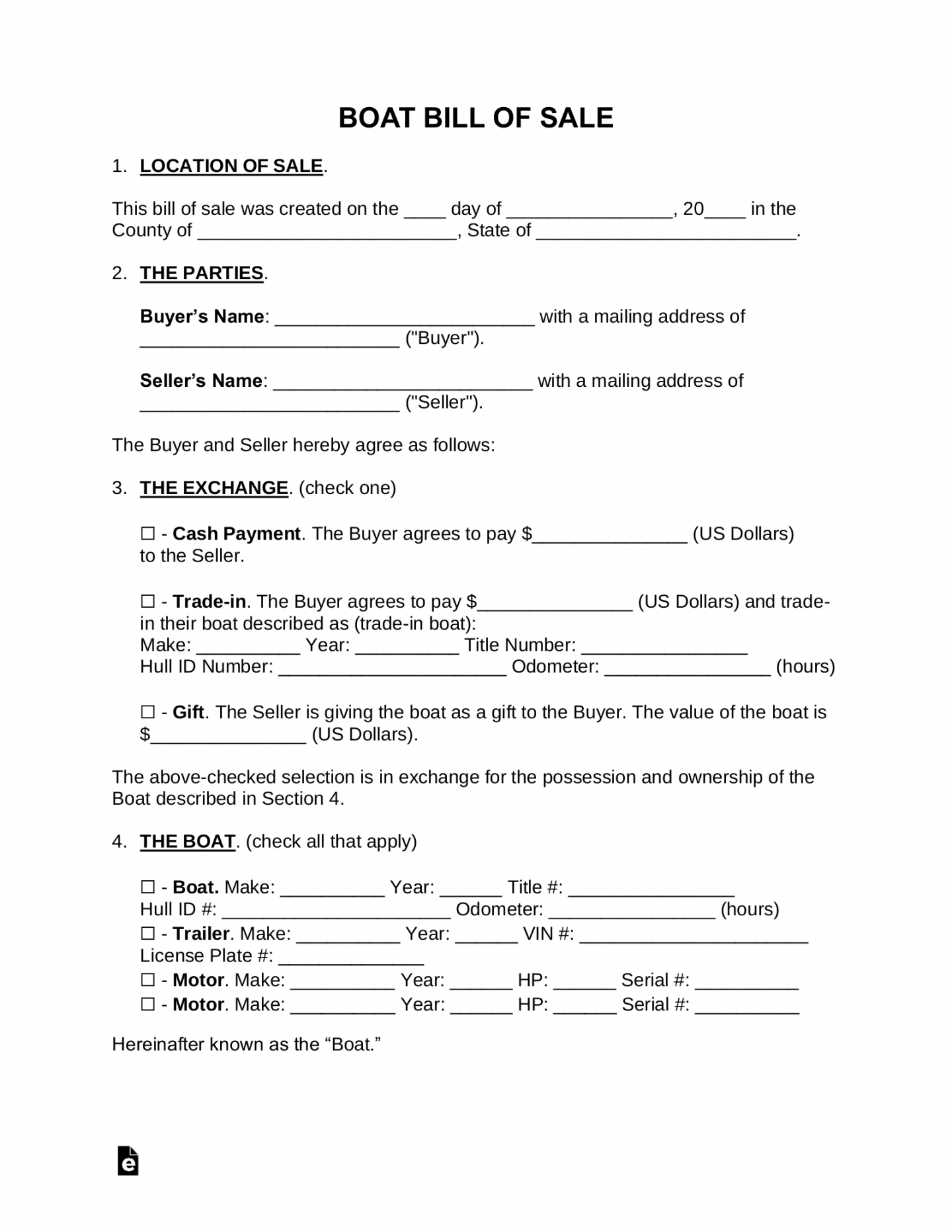 Free Boat Bill of Sale Form - PDF  Word – eForms - FREE Printables - Free Printable Boat Bill Of Sale