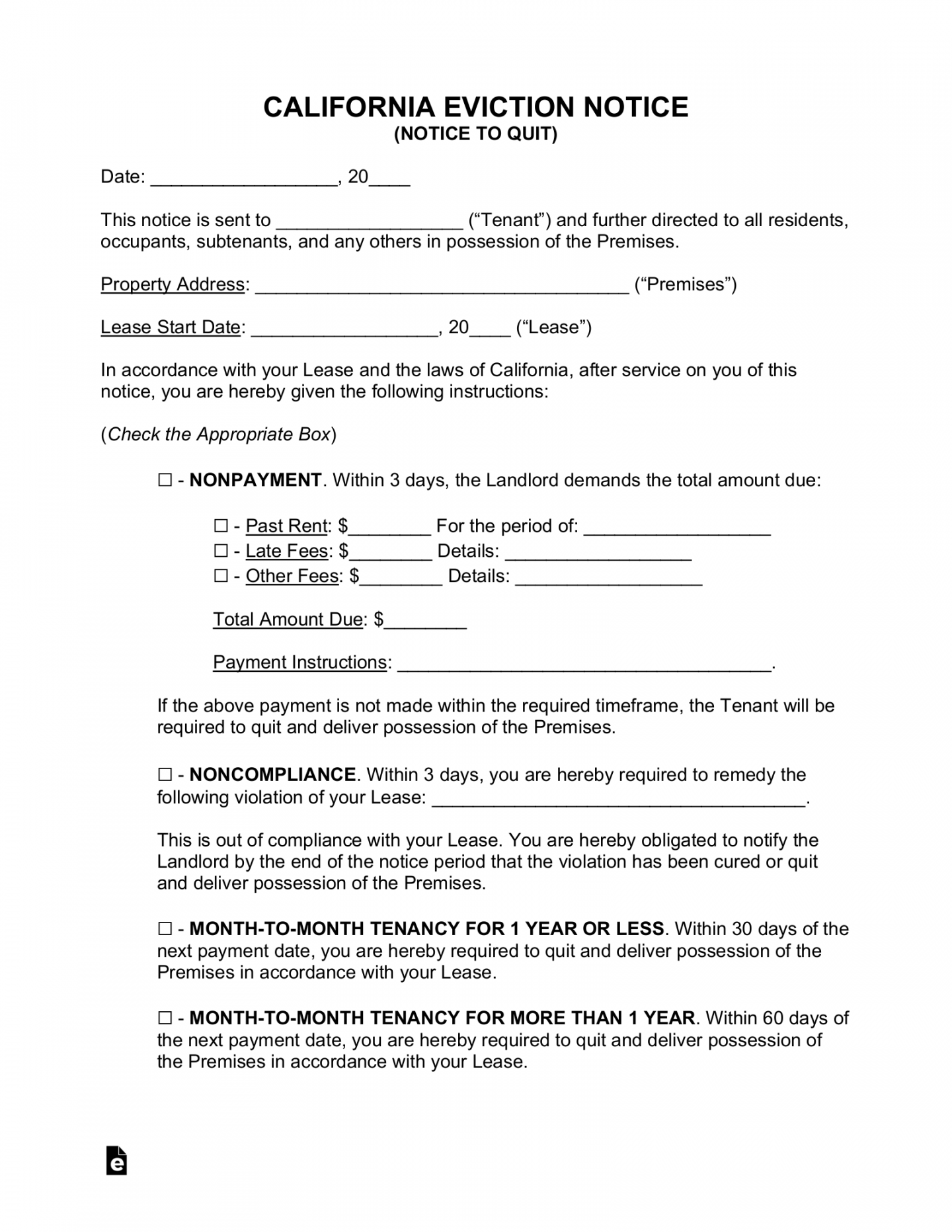 Free California Eviction Notice Forms () - PDF  Word – eForms - FREE Printables - Free Printable 30 Day Notice To Vacate California