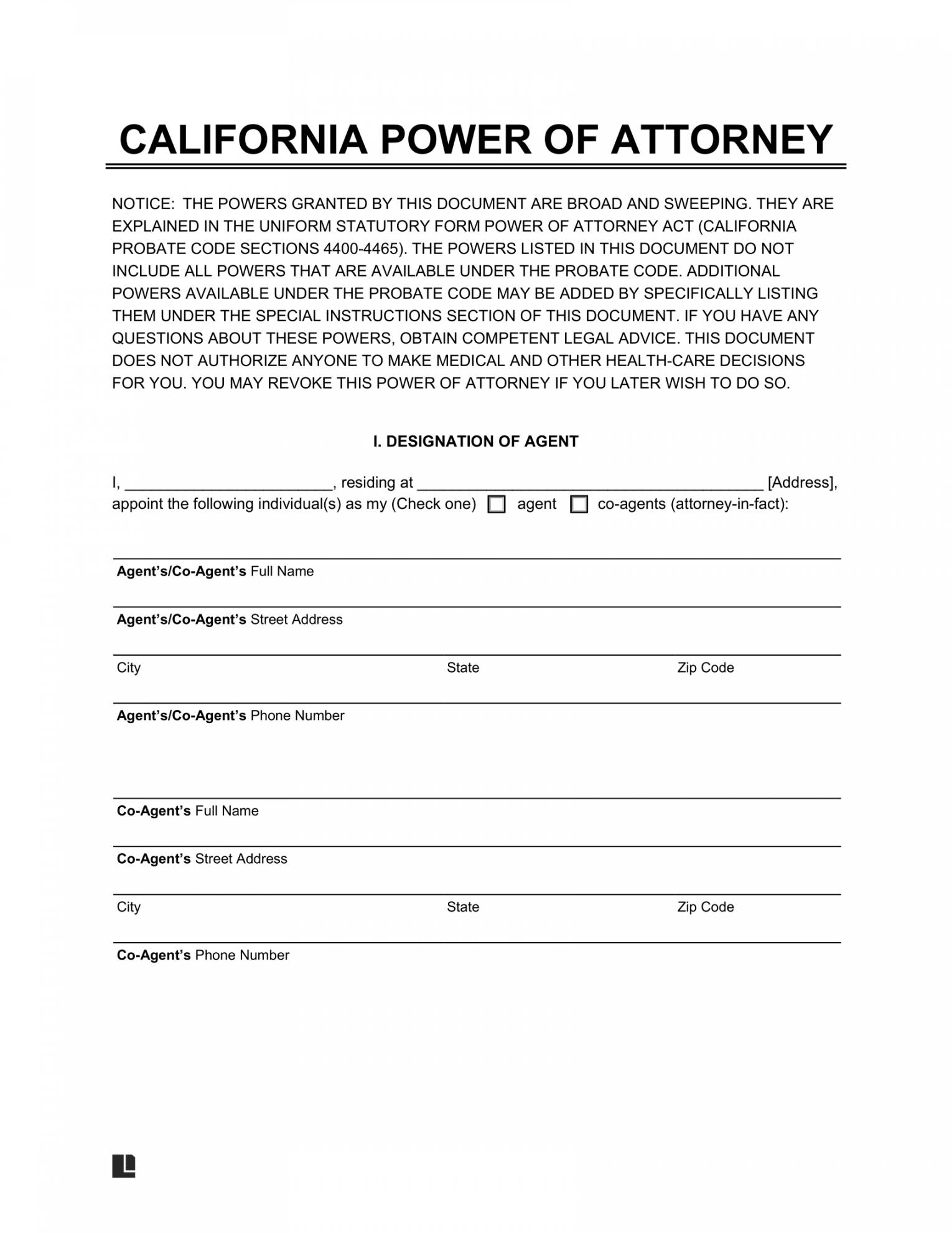 Free California Power of Attorney Forms  Printable PDF & Word - FREE Printables - Free Printable Power Of Attorney Form California