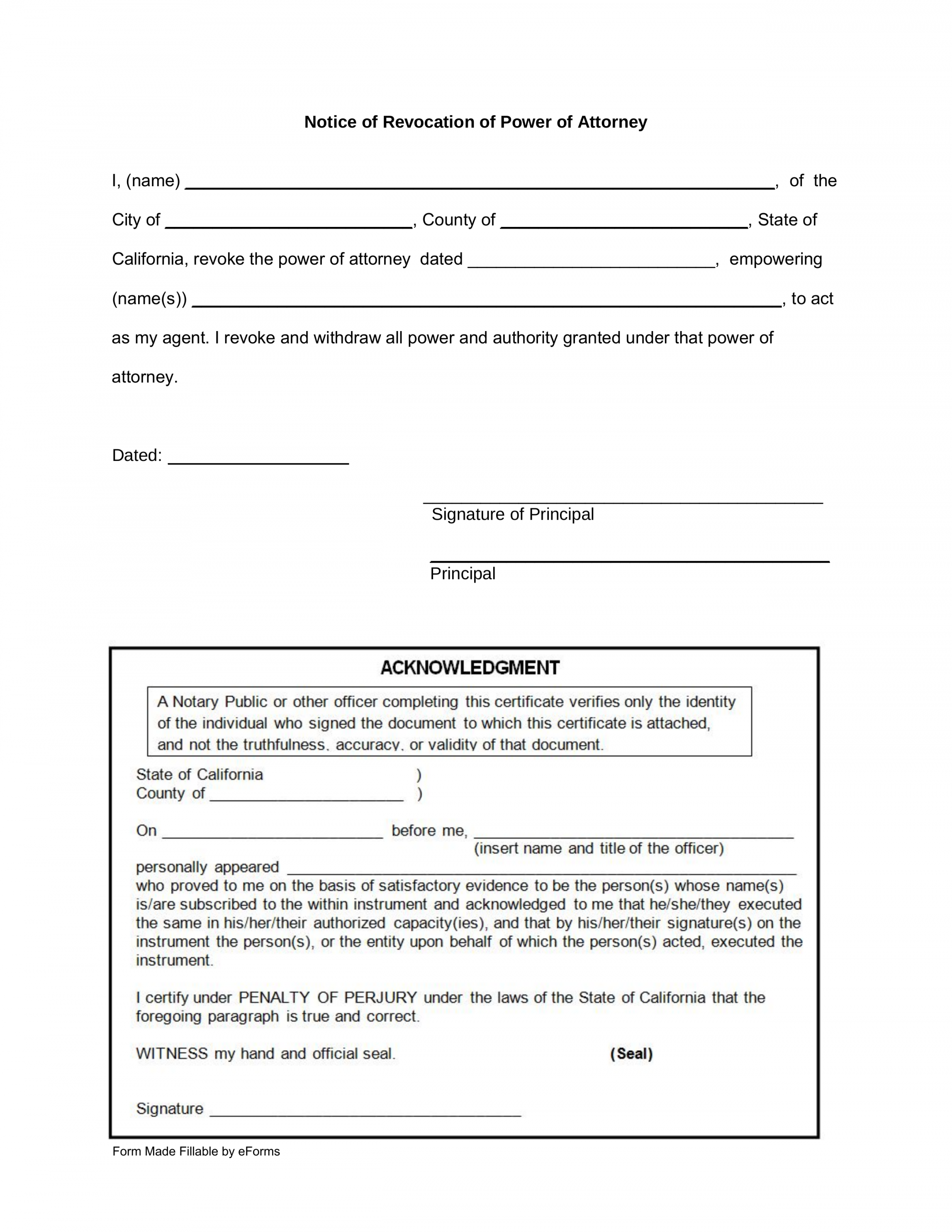 Free California Revocation of Power of Attorney Form - PDF – eForms - FREE Printables - Free Printable Power Of Attorney Form California