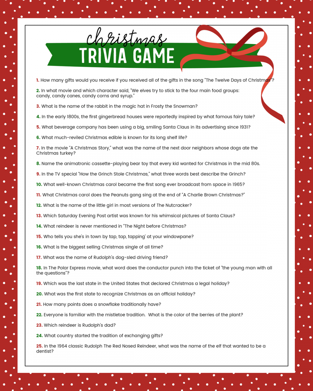 Free Christmas Trivia Printables Games for the Family!  Lil