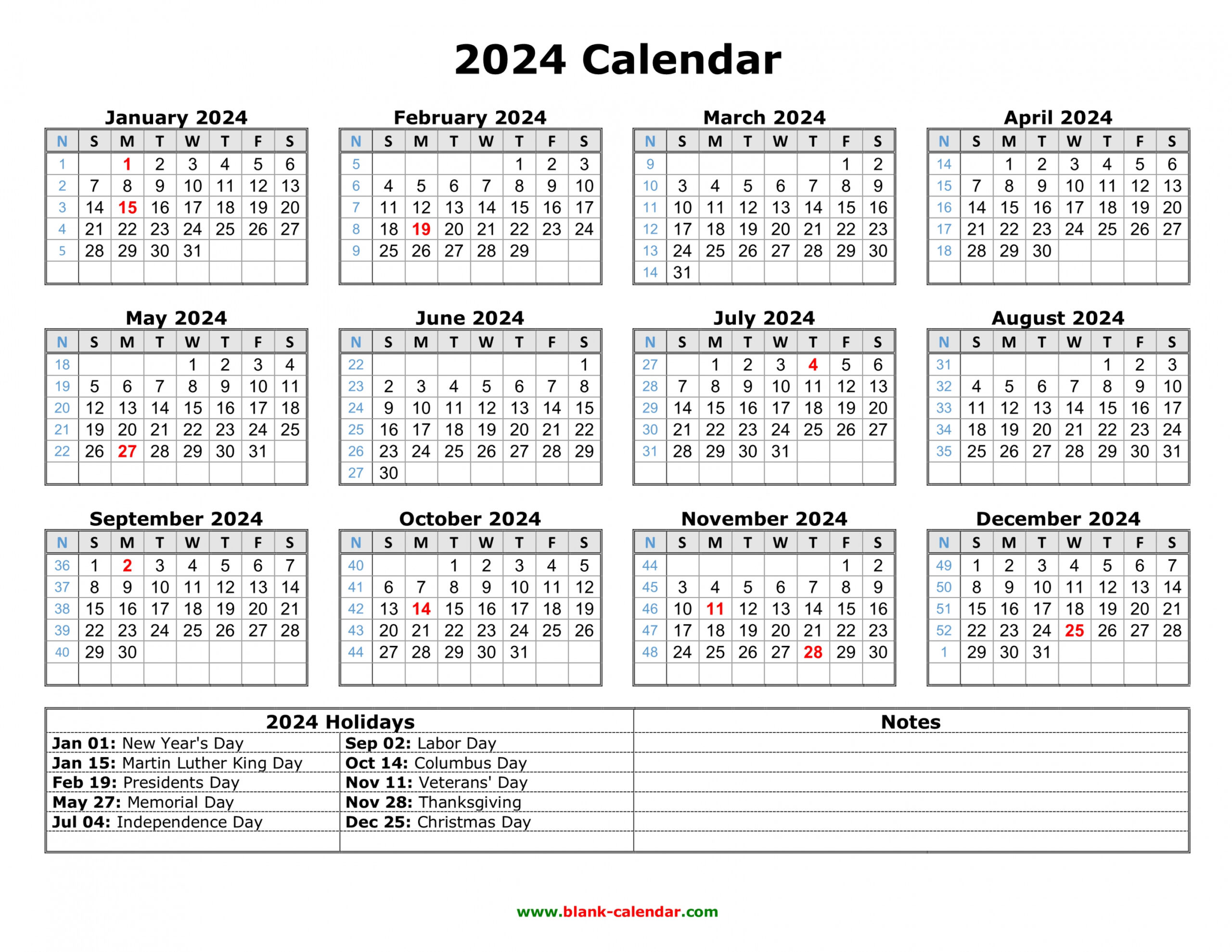 Free Download Printable Calendar  with US Federal Holidays  - FREE Printables - Free Printable 2024 Calendar Printable