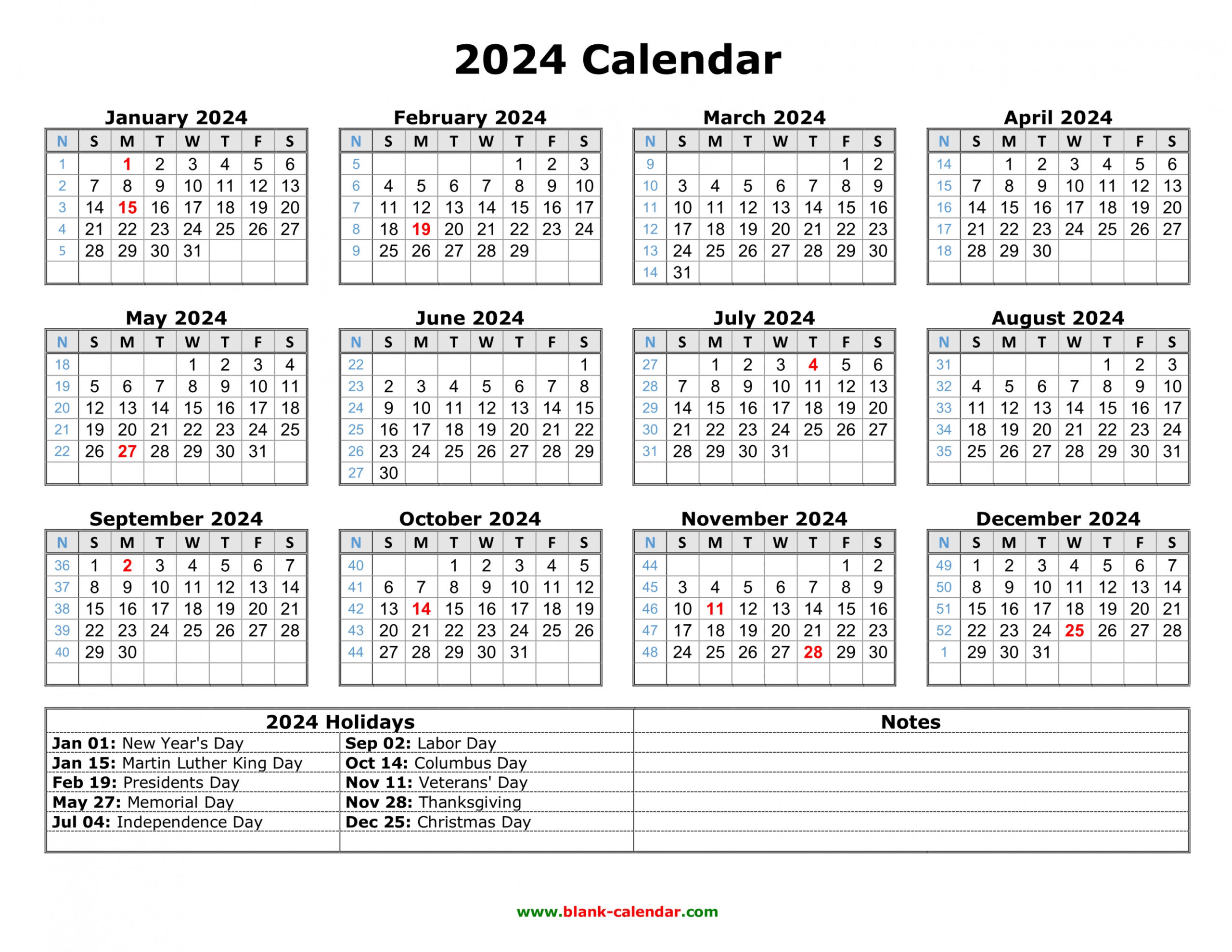Free Download Printable Calendar  with US Federal Holidays  - FREE Printables - Free Printable Calendar 2024
