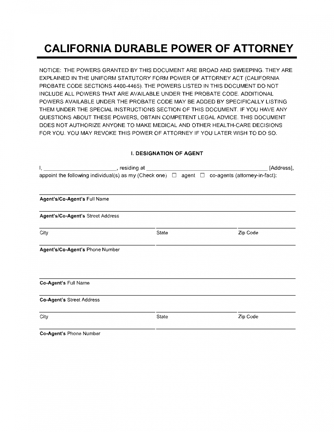 Free Durable California Power of Attorney Forms (PDF)  CocoSign - FREE Printables - Free Printable Power Of Attorney Form California