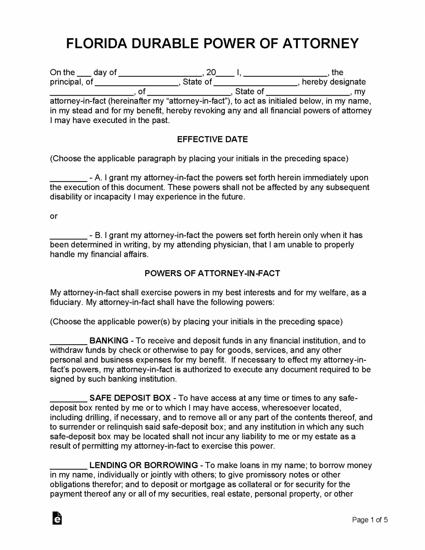 Free Durable (Financial) Power of Attorney Form  Florida - FREE Printables - Free Printable Durable Power Of Attorney