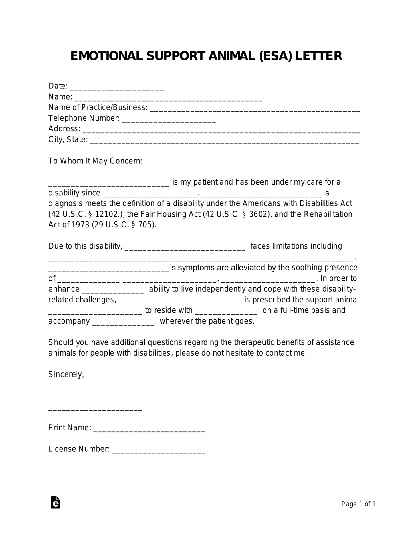 Free Emotional Support Animal (ESA) Letter Template - PDF  Word  - FREE Printables - Housing Printable Free Emotional Support Animal Letter