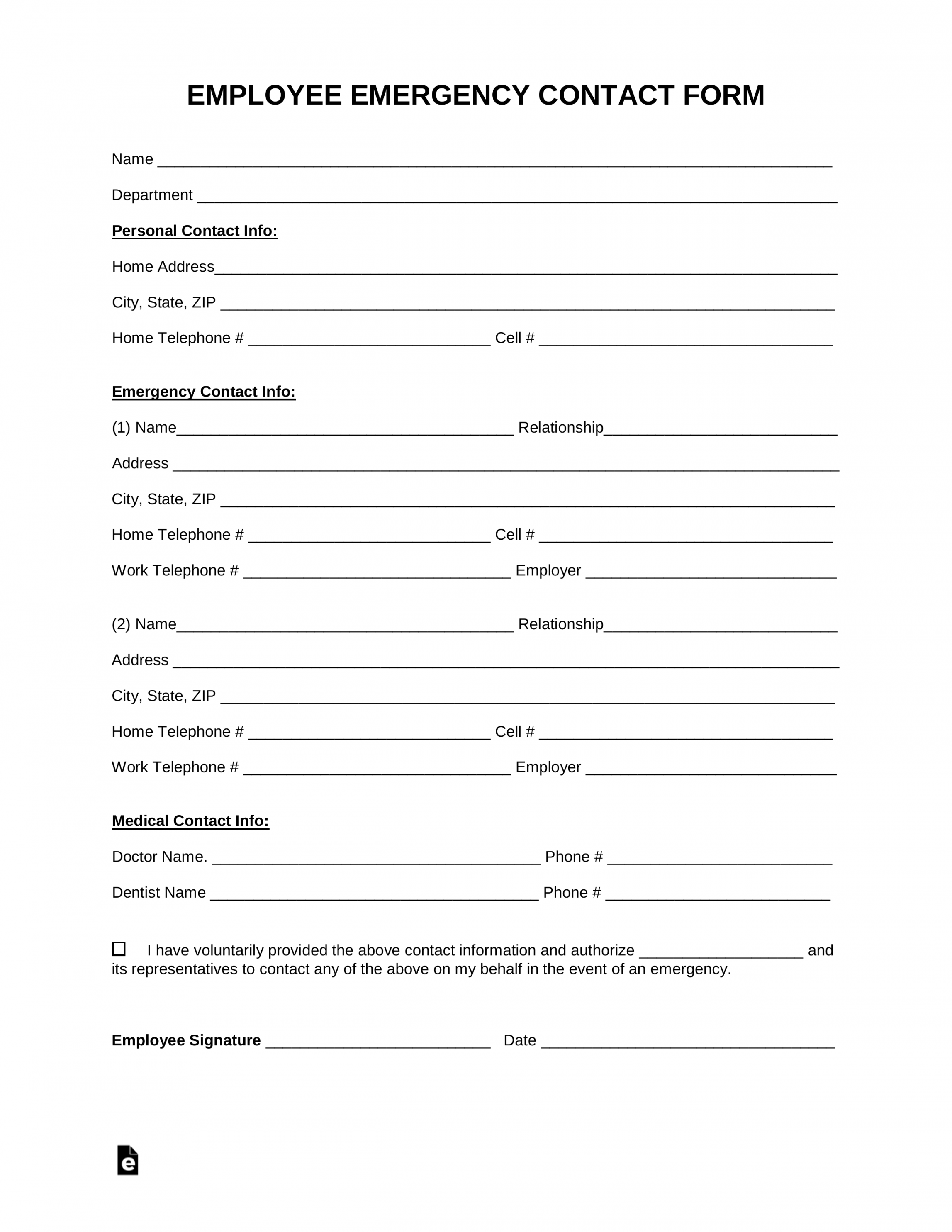Free Employee Emergency Contact Form - PDF  Word – eForms - FREE Printables - Free Printable Emergency Contact Form