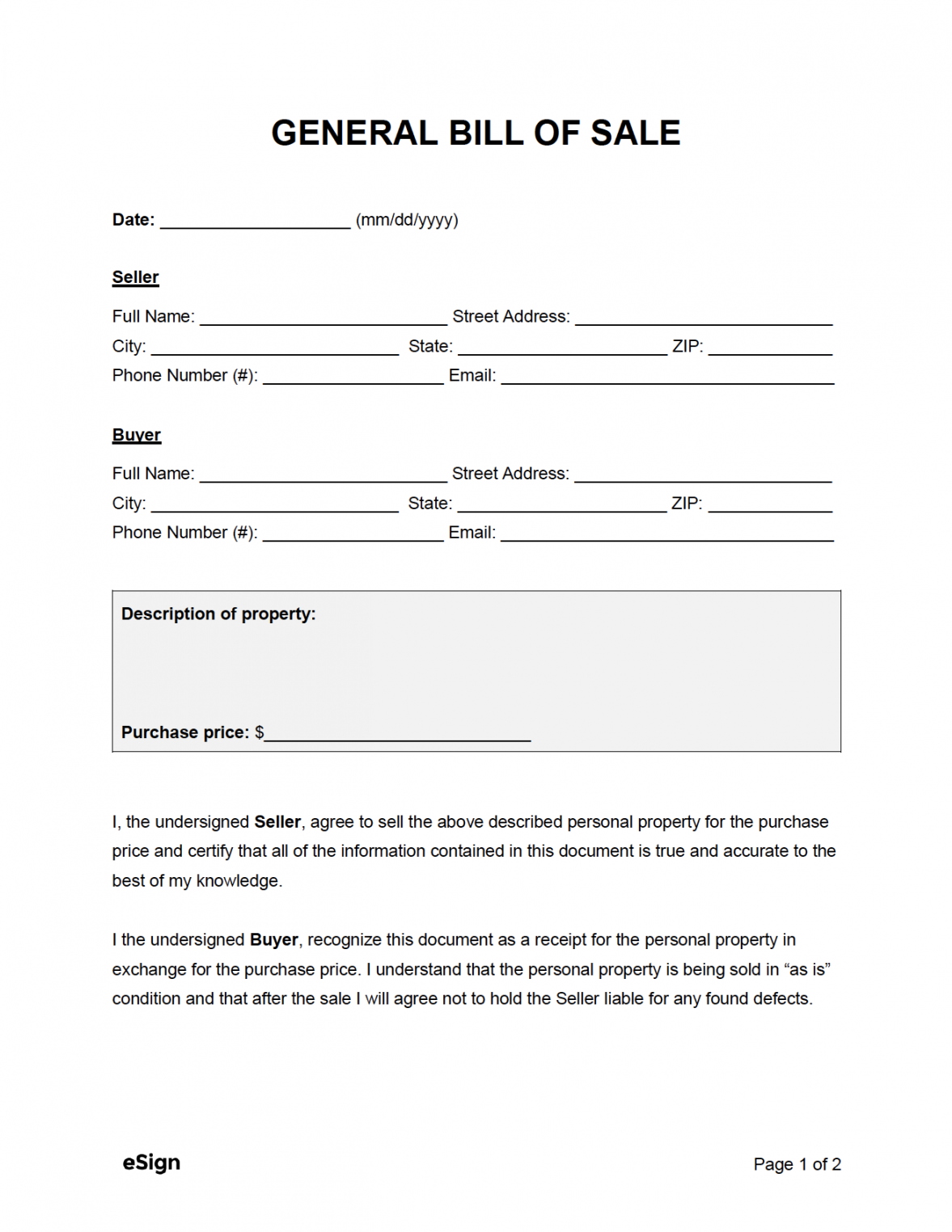 Free General Bill of Sale Form  PDF  Word - FREE Printables - Free Printable Bill Of Sale