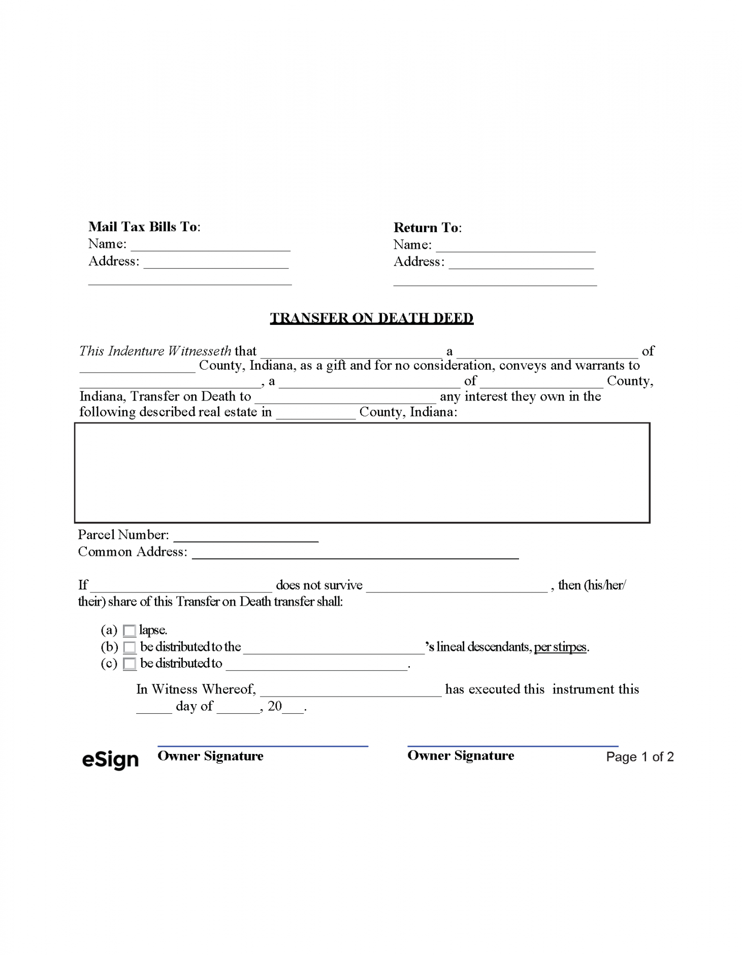 Free Indiana Transfer on Death Deed Form  PDF - FREE Printables - Free Printable Transfer On Death Deed Form