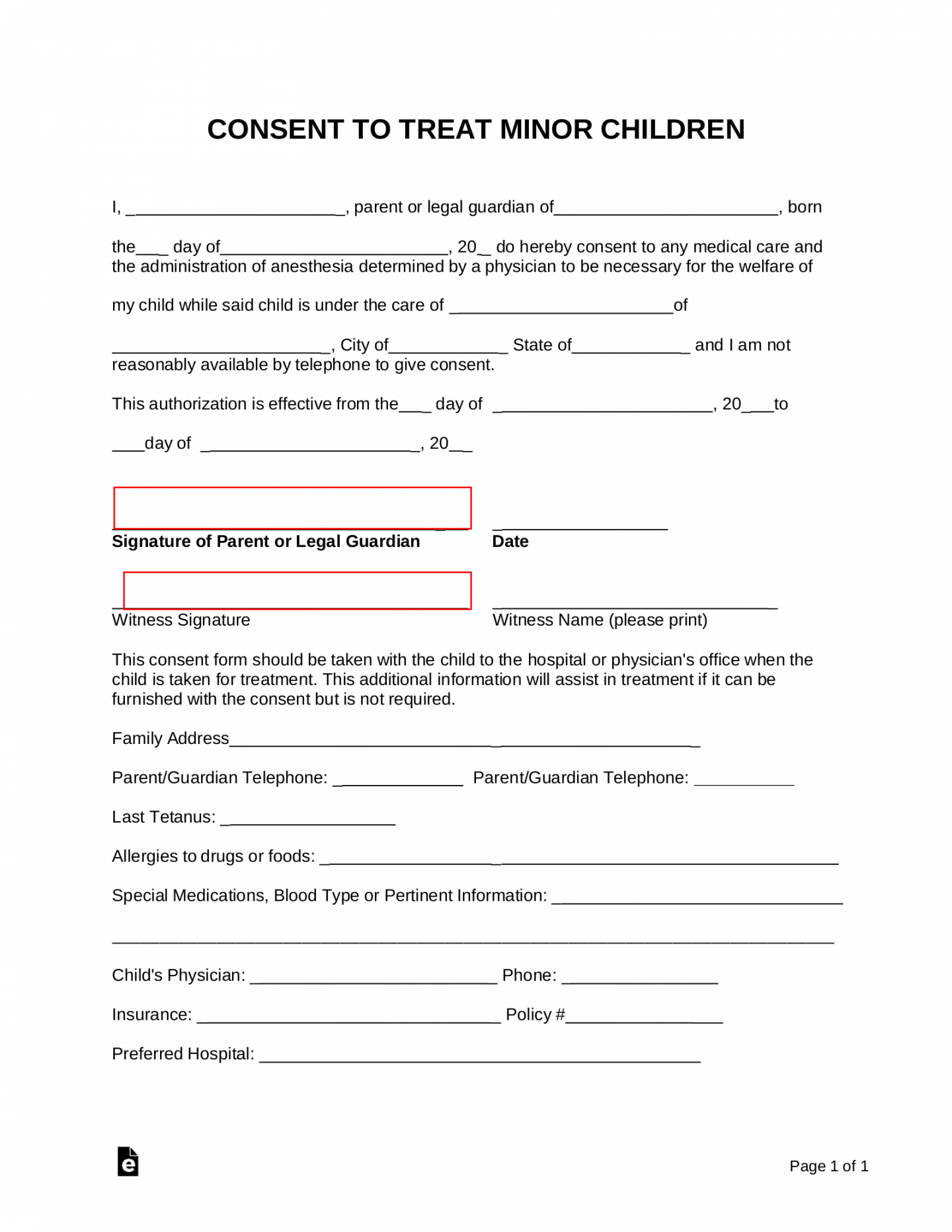 Free Minor (Child) Medical Consent Form - PDF  Word – eForms - FREE Printables - Free Printable Child Medical Consent Form For Grandparents