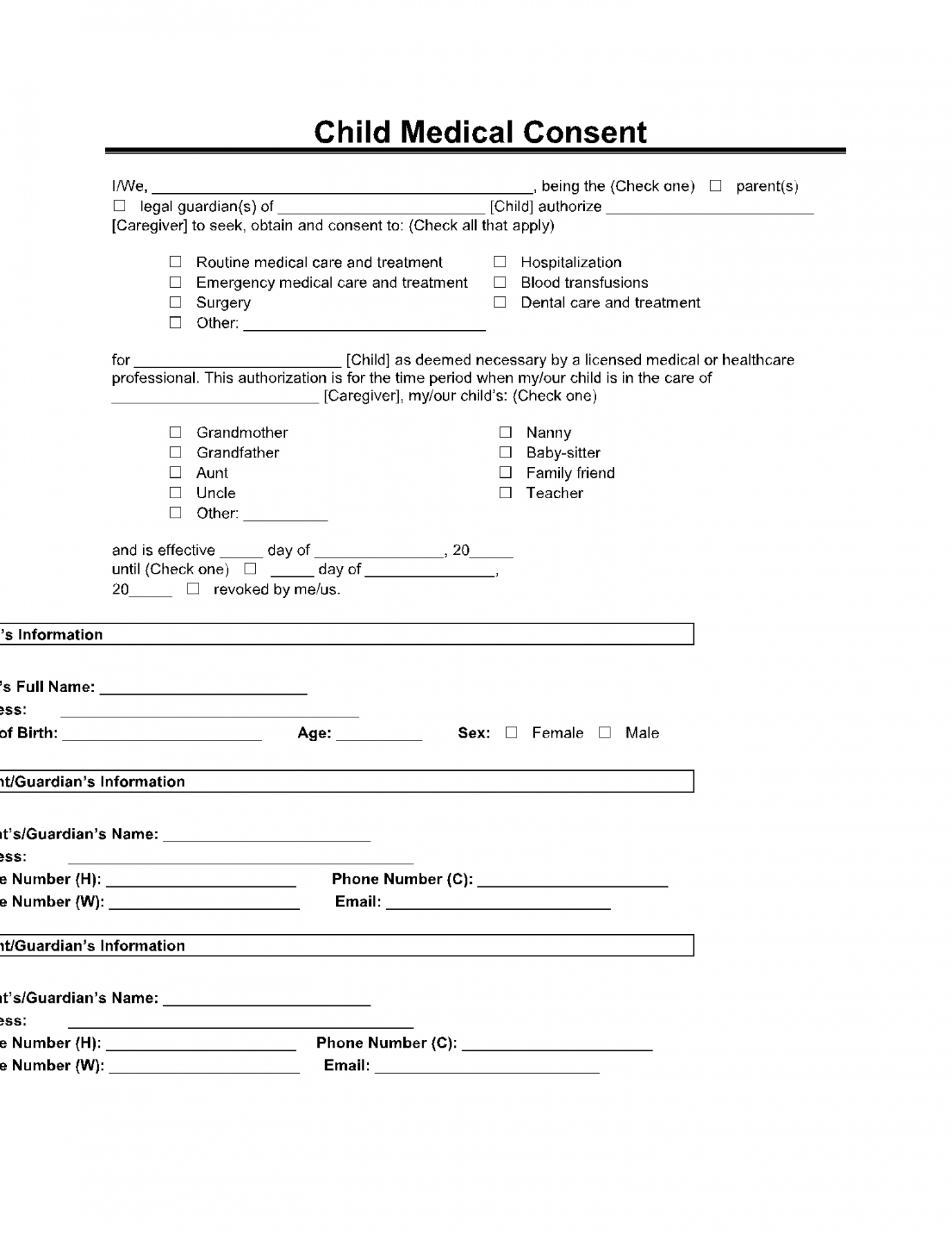 Free Minor (Child) Medical Consent Form Template  CocoSign - FREE Printables - Free Printable Child Medical Consent Form For Grandparents