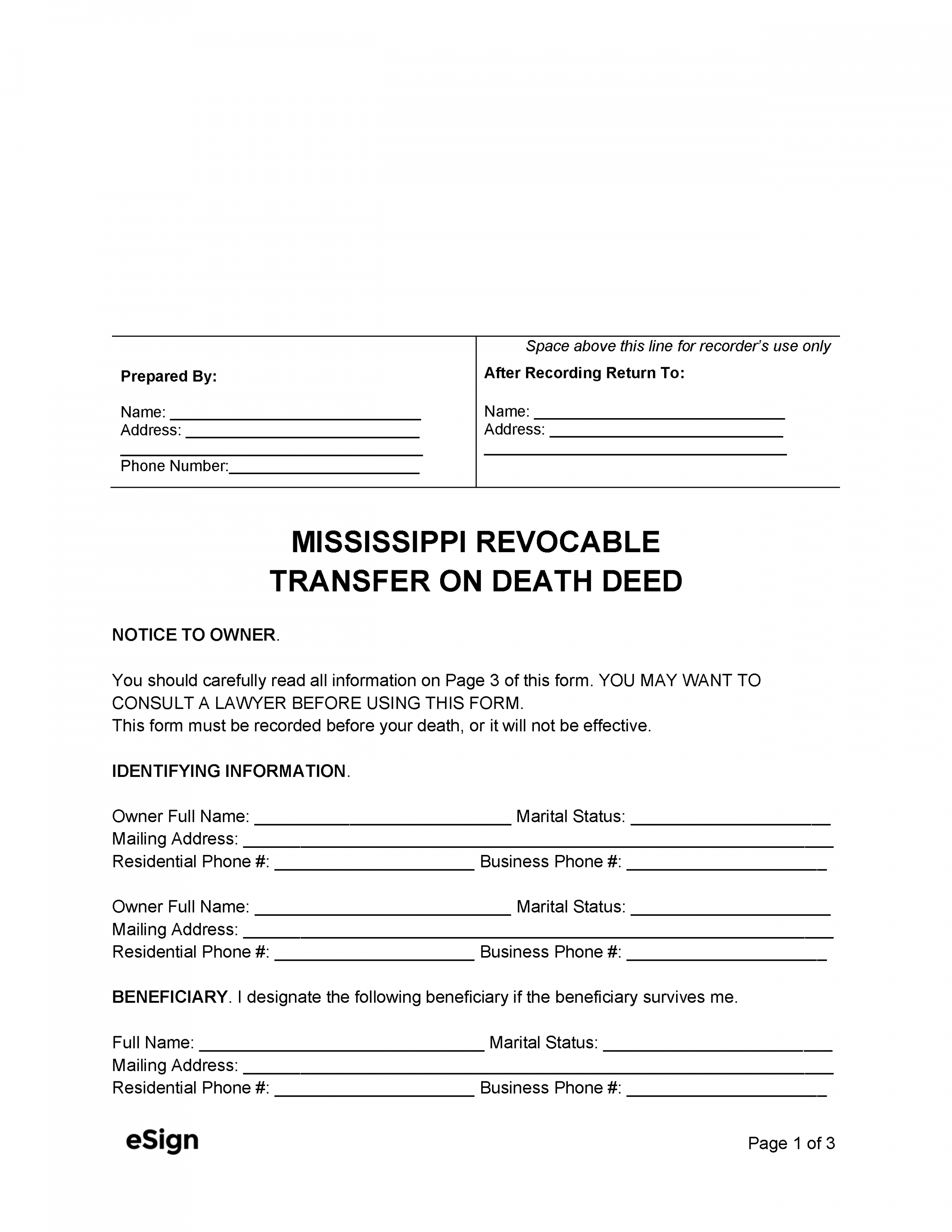 Free Mississippi Transfer on Death Deed Form  PDF  Word - FREE Printables - Free Printable Transfer On Death Deed Form