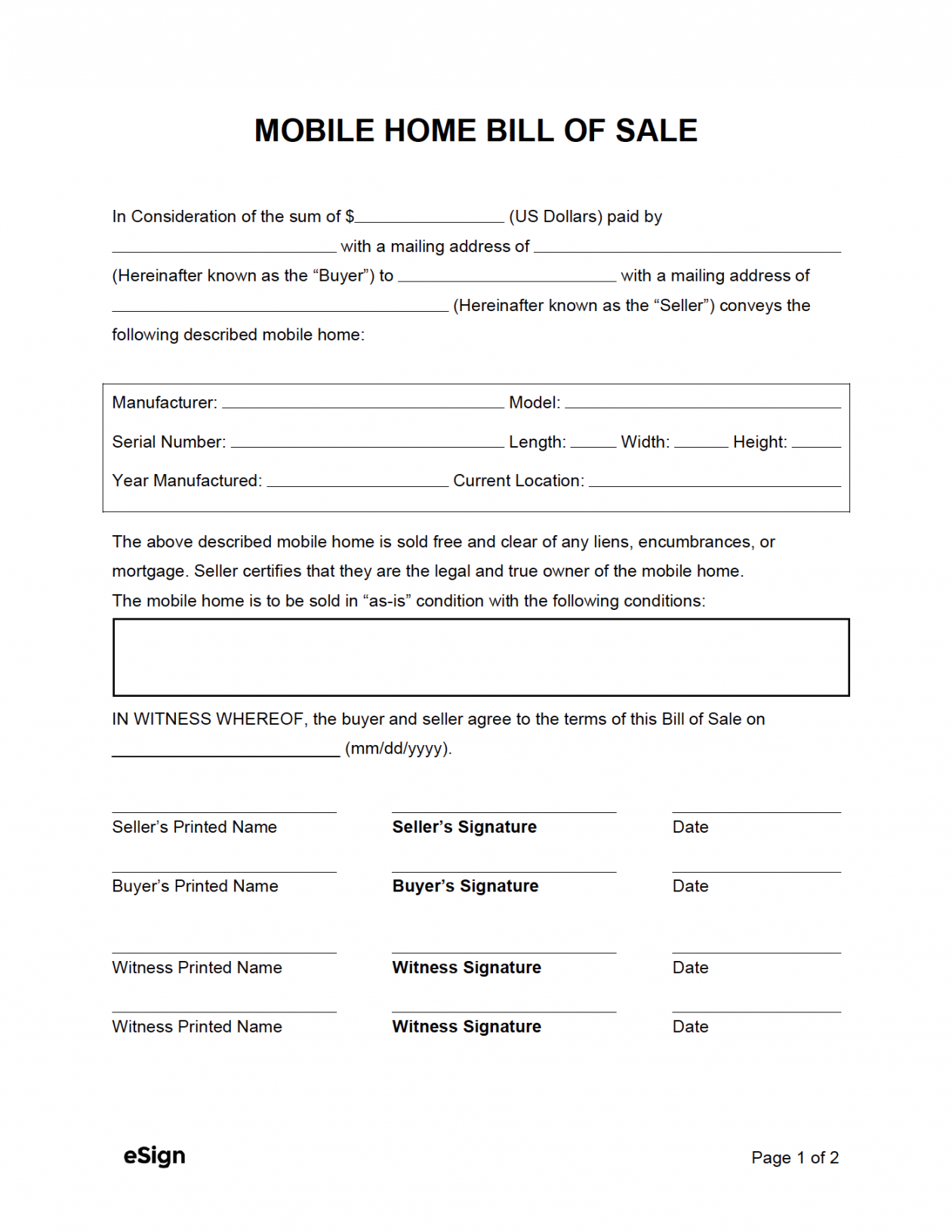 Free Mobile Home Bill of Sale Form  PDF  Word - FREE Printables - Free Printable Bill Of Sale For Mobile Home