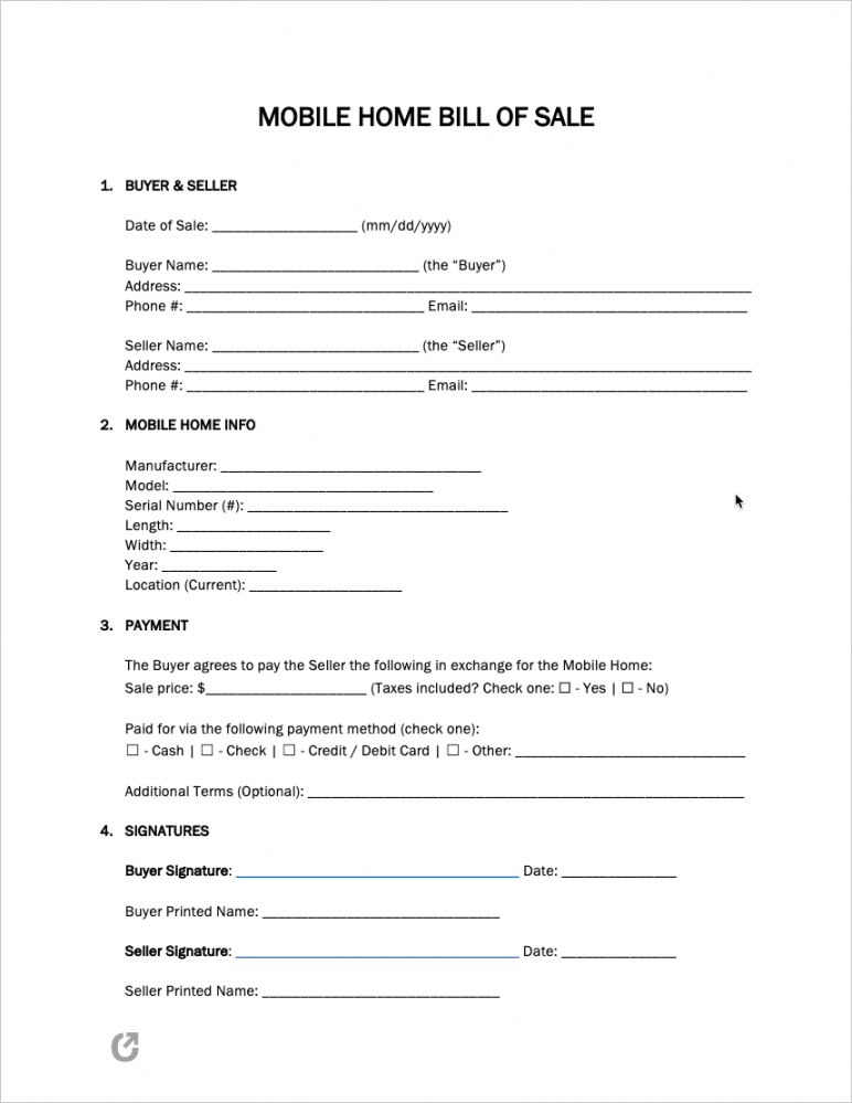 Free Mobile Home Bill of Sale Form  PDF  WORD  RTF - FREE Printables - Free Printable Bill Of Sale For Mobile Home