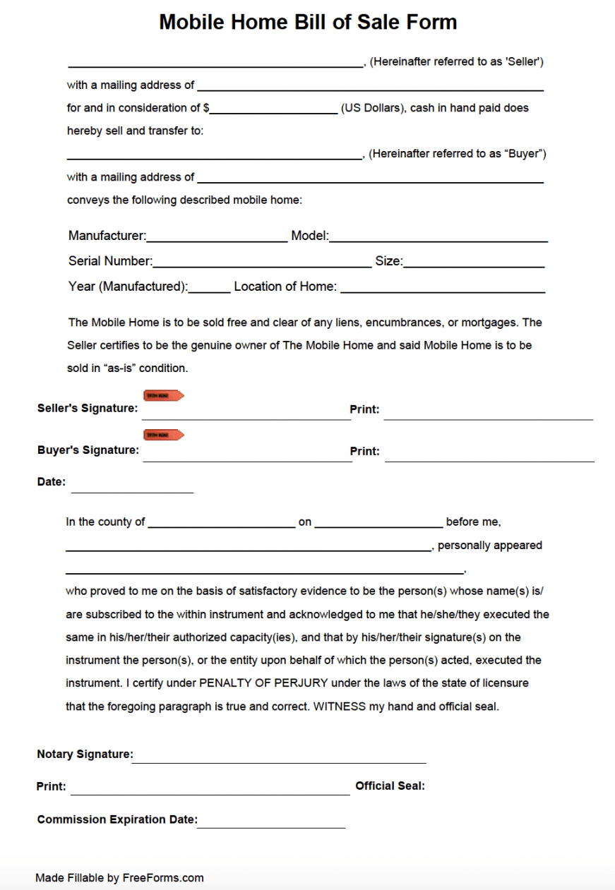 Free Mobile (Manufactured) Home Bill of Sale Form  PDF - FREE Printables - Free Printable Bill Of Sale For Mobile Home